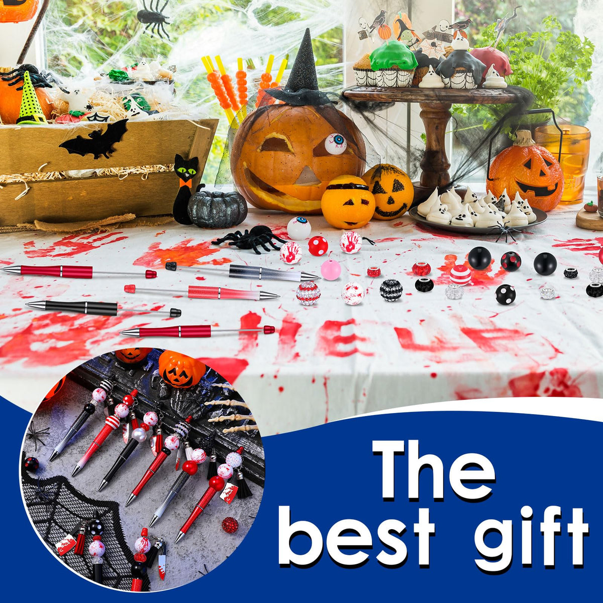 Teling 12 Sets Halloween Horrible Beadable Pens with Focal Silicone Beads