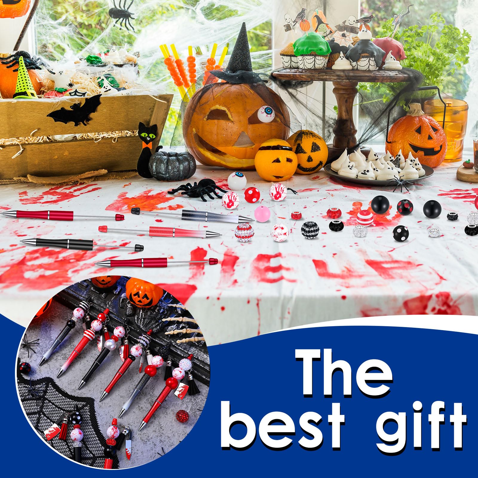 Teling 12 Sets Halloween Horrible Beadable Pens with Focal Silicone Beads