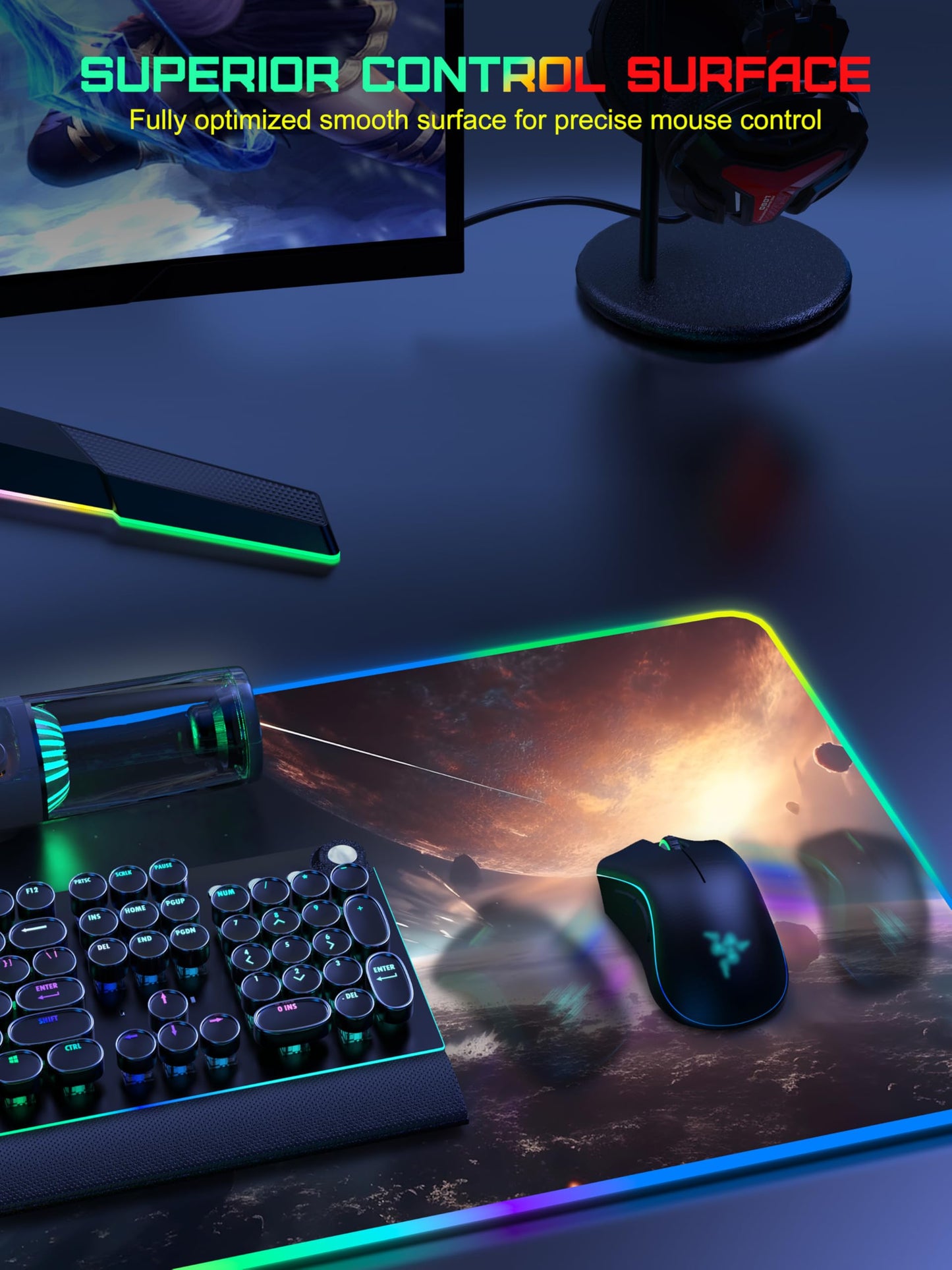 5-in-1 RGB Mouse Pad with Wireless Charging, Gaming Desk Mat, Cosmic Planet