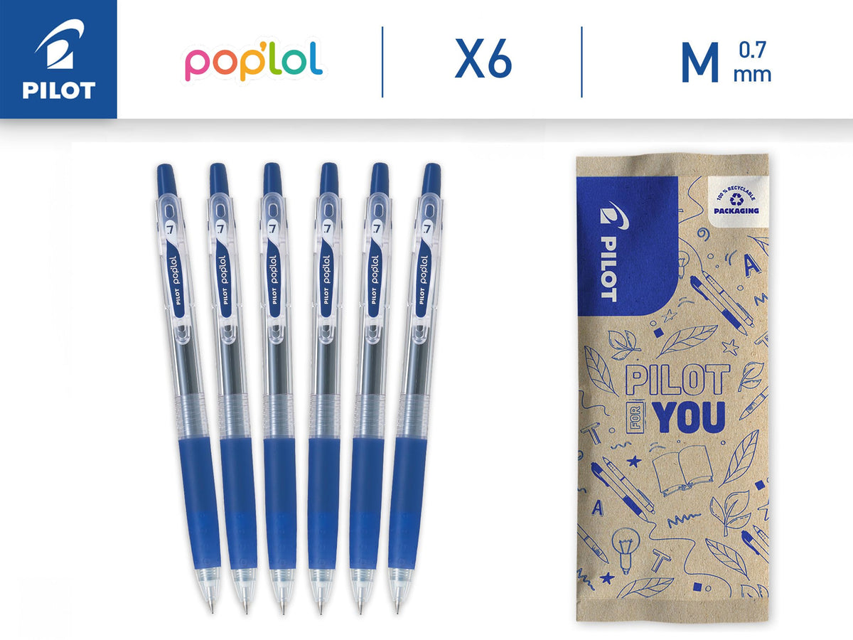PILOT - Set of 6 Pop'Lol - Gel Ink Roller - Printable and Refillable - Smooth Writing - Blue