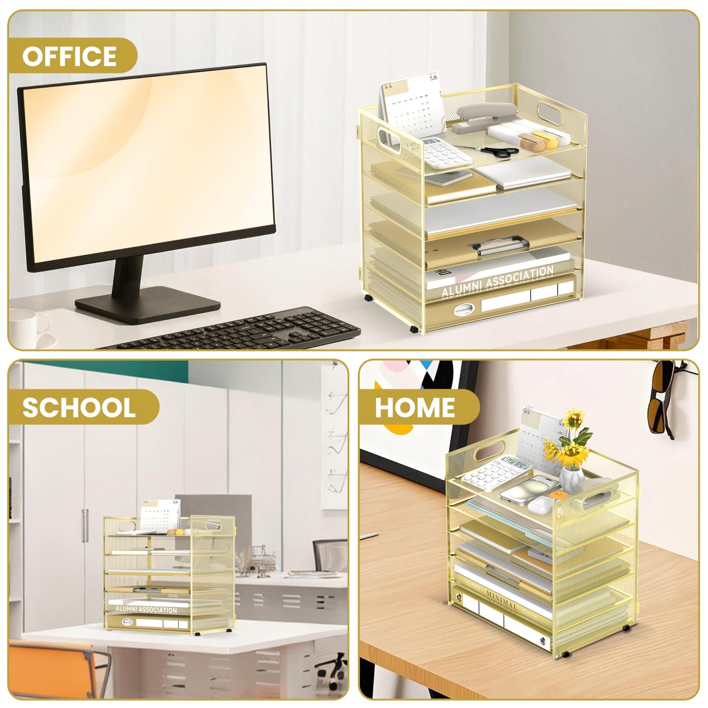 Daltack 6-Tier Paper Organizer for Desk with Handle, Gold, 2 Pack