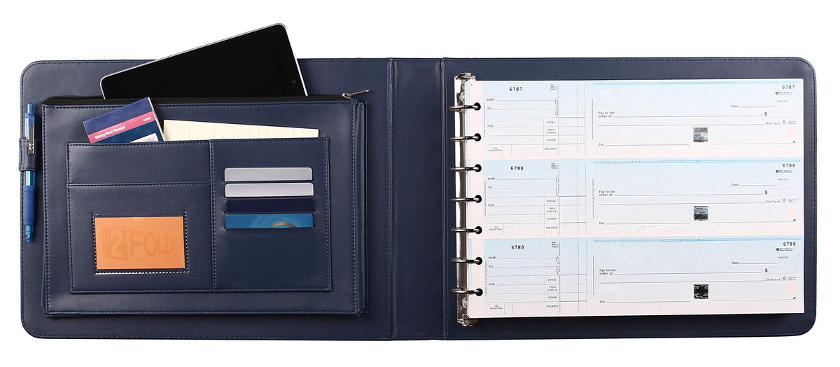 2Fold Business Check Binder 7 Ring for 3-Up Business Size Checks with Extra Business Card Case - PU