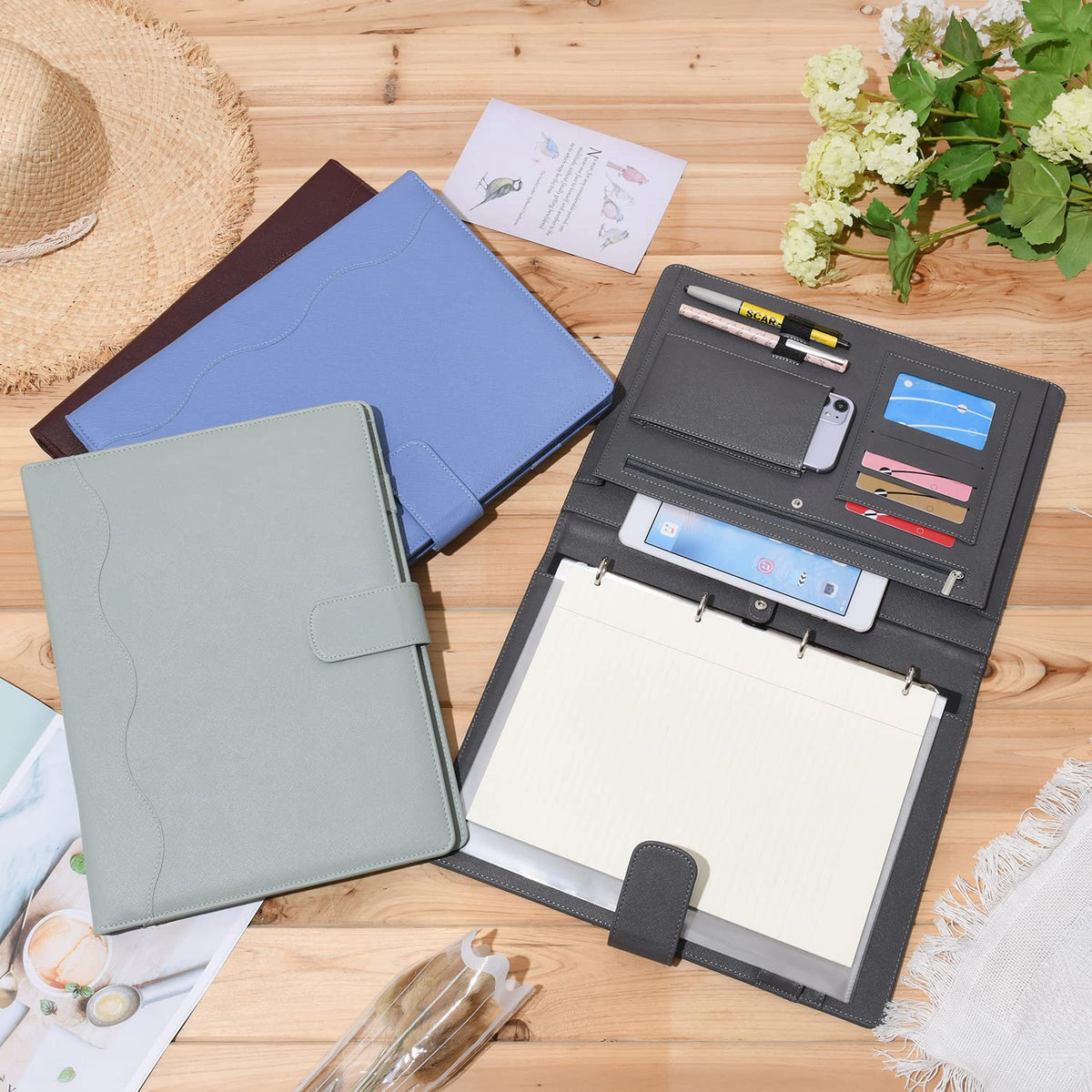 Wonderpool A4 PU Leather 3 & 4 Ring Holder Writing Portfolio Multi Document Case with Removable