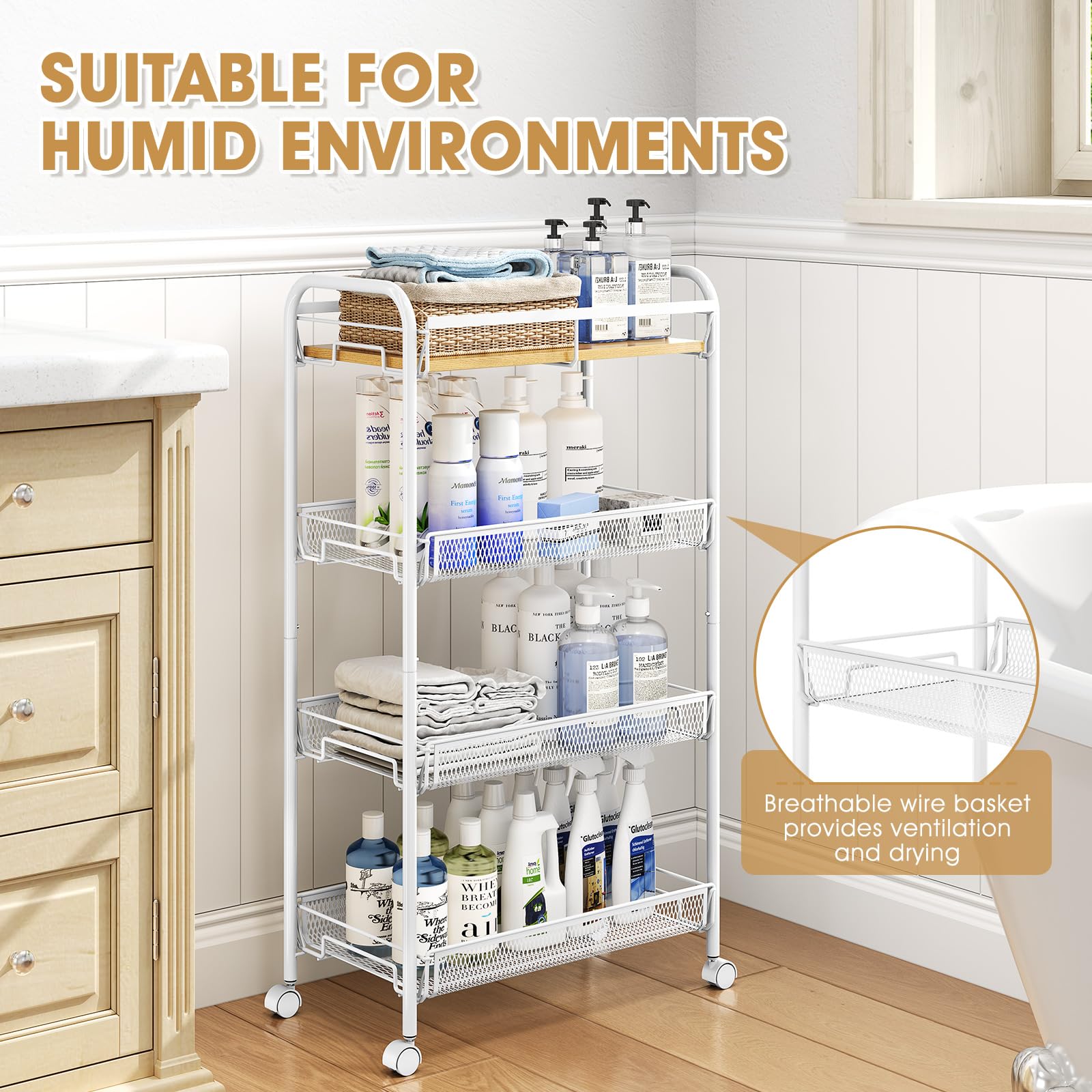 TOOLF 4-Tier Rolling Cart, Metal Utility Cart, Slide Out Storage Cart with Wooden Tabletop and Mesh