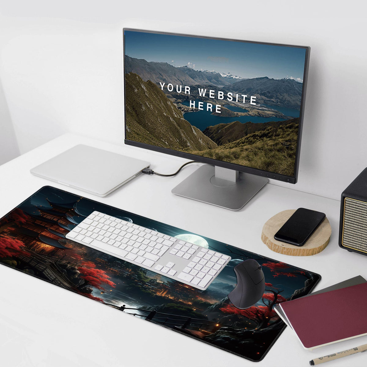 Japanese Full Moon Large Mouse Pad,Gaming Keyboard Desk Pad,Extended Mouse Mat Non-Slip Rubber Base
