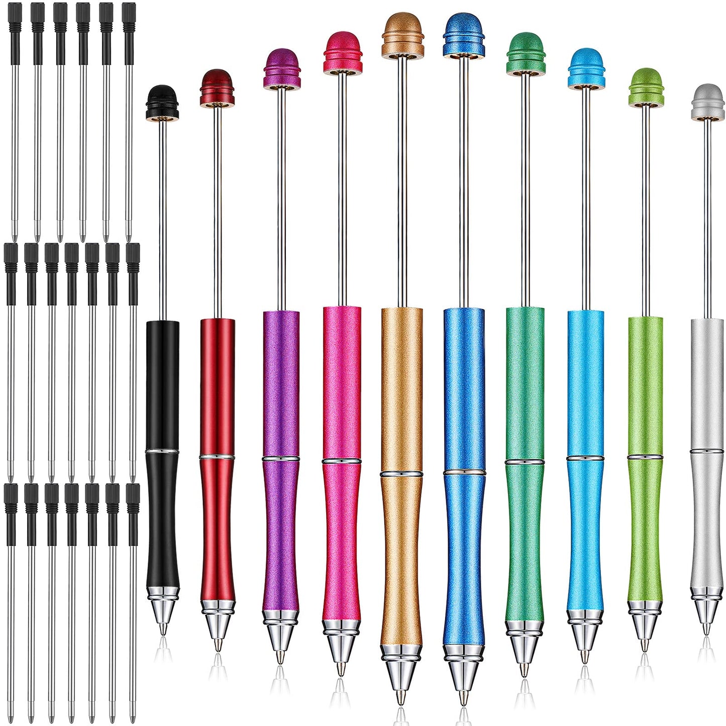 Chivao 10 Pieces Metal Beadable Pens Bulk Beaded Pens Black Ink Ballpoint with Refills Assorted