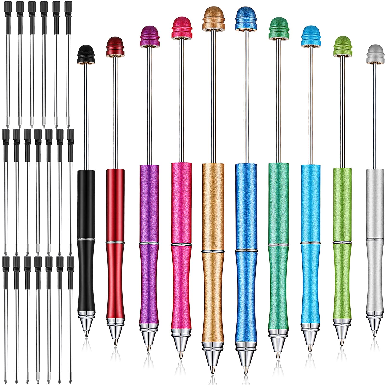 Chivao 10 Pieces Metal Beadable Pens Bulk Beaded Pens Black Ink Ballpoint with Refills Assorted
