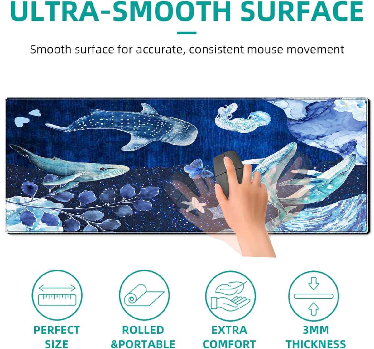 Whale Mouse Pad Large Desk Mat, 31.5x11.8 Inch Mousepad Extended Non-Slip Rubber Base Keyboard Mat