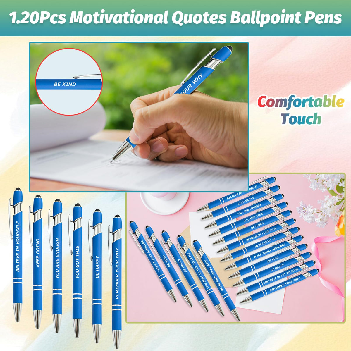 60 Piece Inspirational Pens Kit with Stylus Tip & Sayings – 30 Motivational Pen + 30 Individual