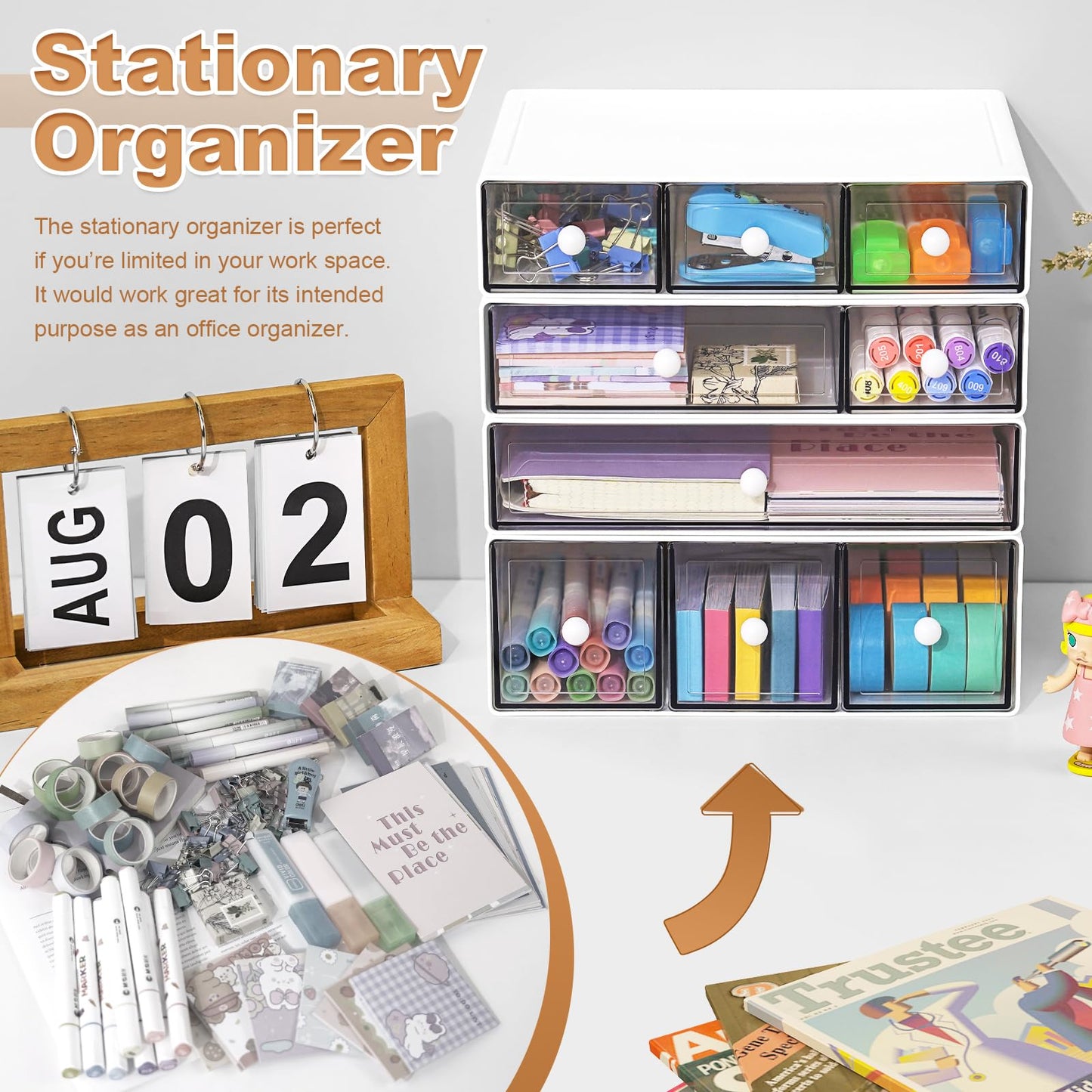 MYKASEN Desk Organizer with 9 Drawers, 4 Tier Plastic Stackable Storage Drawers for Desk Storage