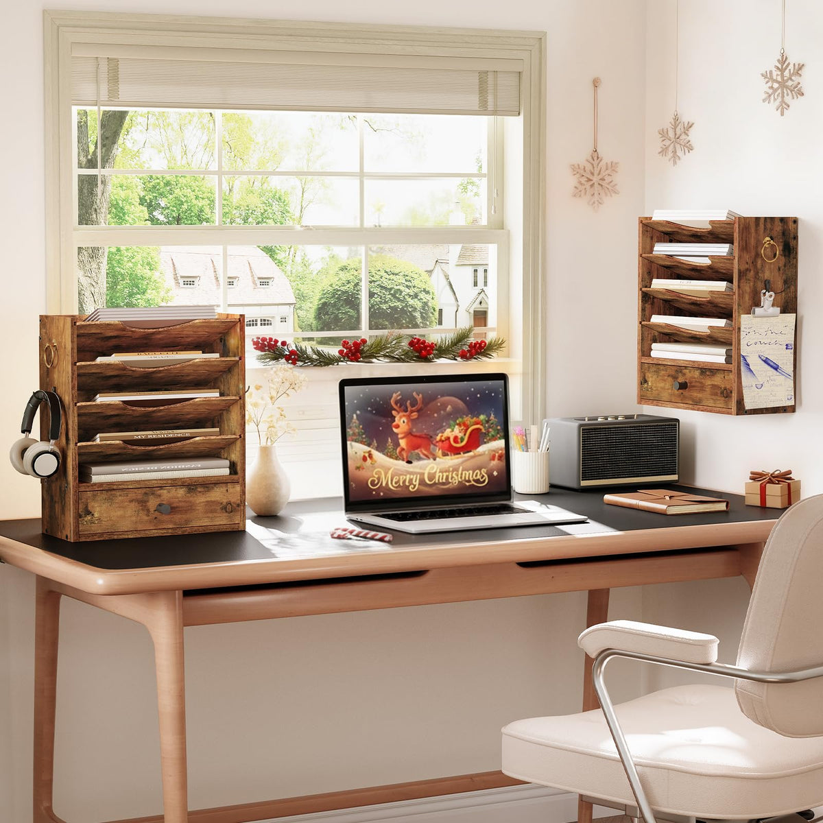 HOOBRO Wall File Organizer, Mail Organizer Wall Mounted, Wooden Literature Organizer, Construction