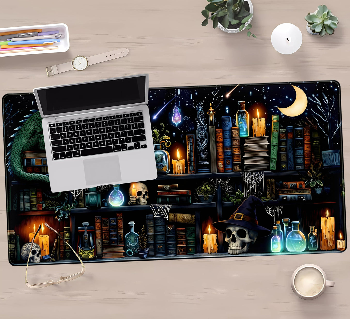 Black Desk Mat Gaming Desk Pad Large Mouse Pad, Mysterious Library Mouse Mat XXL Laptop Keyboard