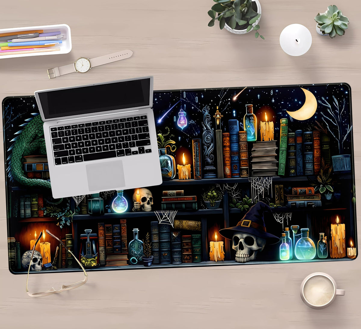 Black Desk Mat Gaming Desk Pad Large Mouse Pad, Mysterious Library Mouse Mat XXL Laptop Keyboard
