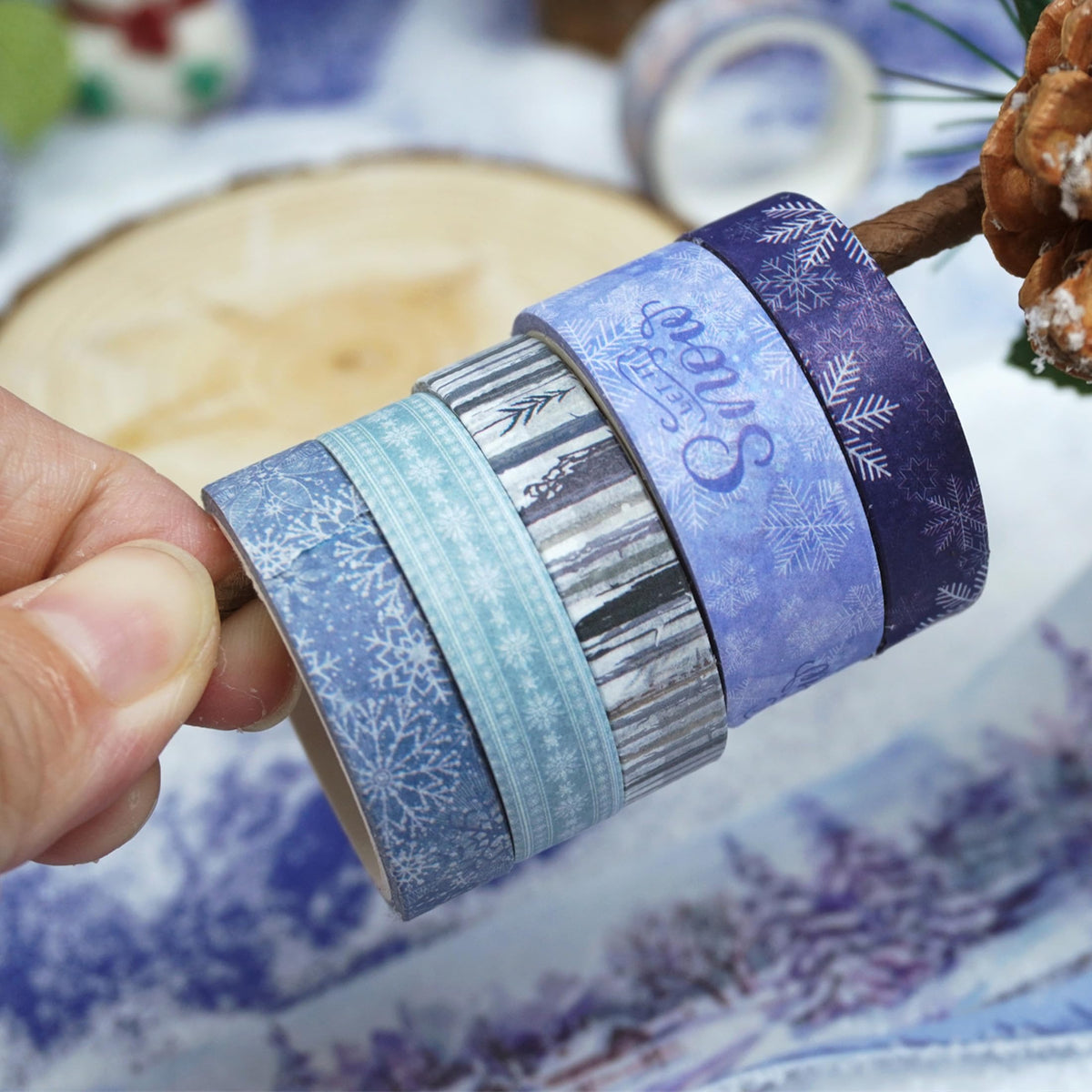 YUBX Winter Washi Tape Set 18 Rolls Landscaping Snow Embellishment Blue White Decorative Masking