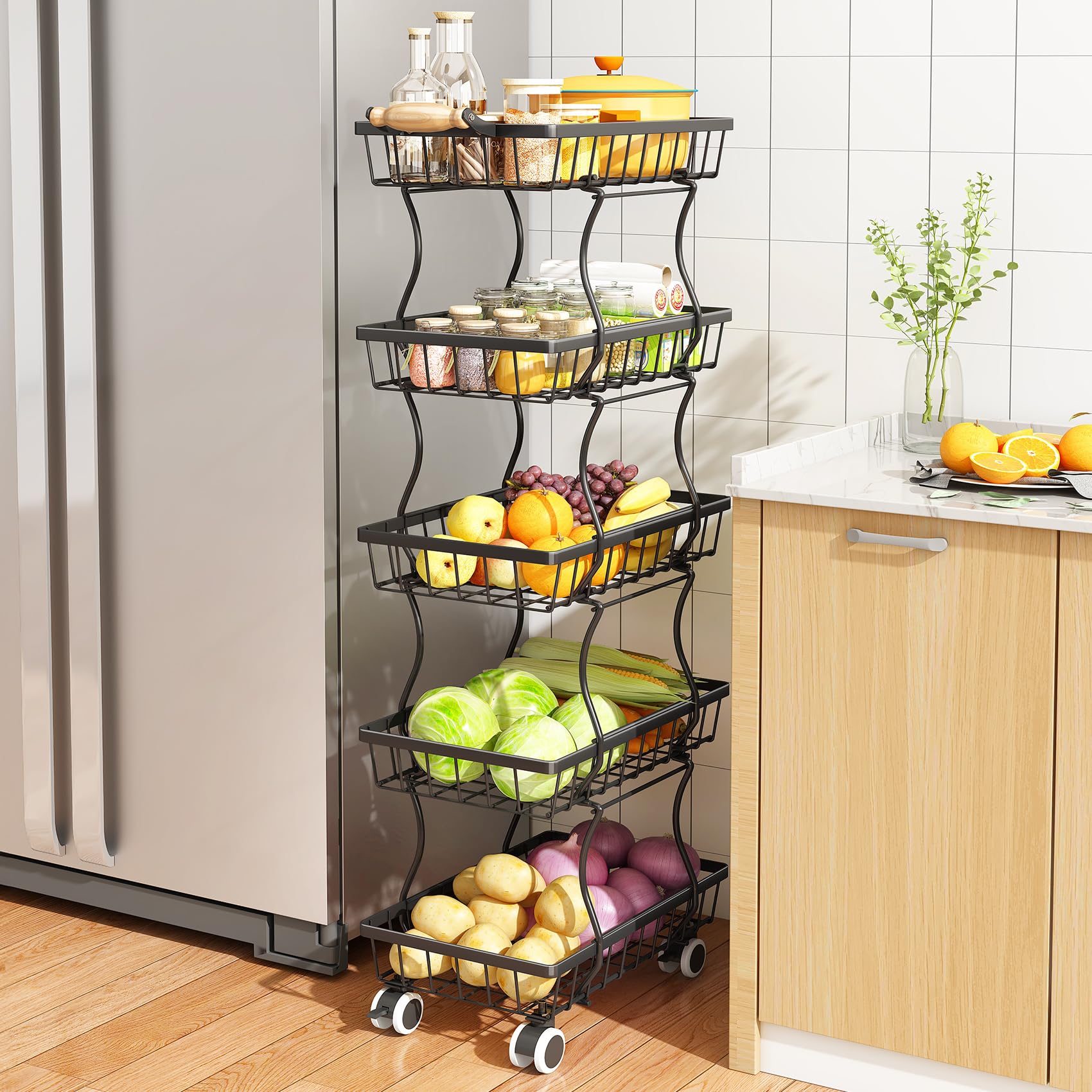 SAYZH 5-Tier Fruit Basket Stand with Vegetable Baskets for Kitchen, Black