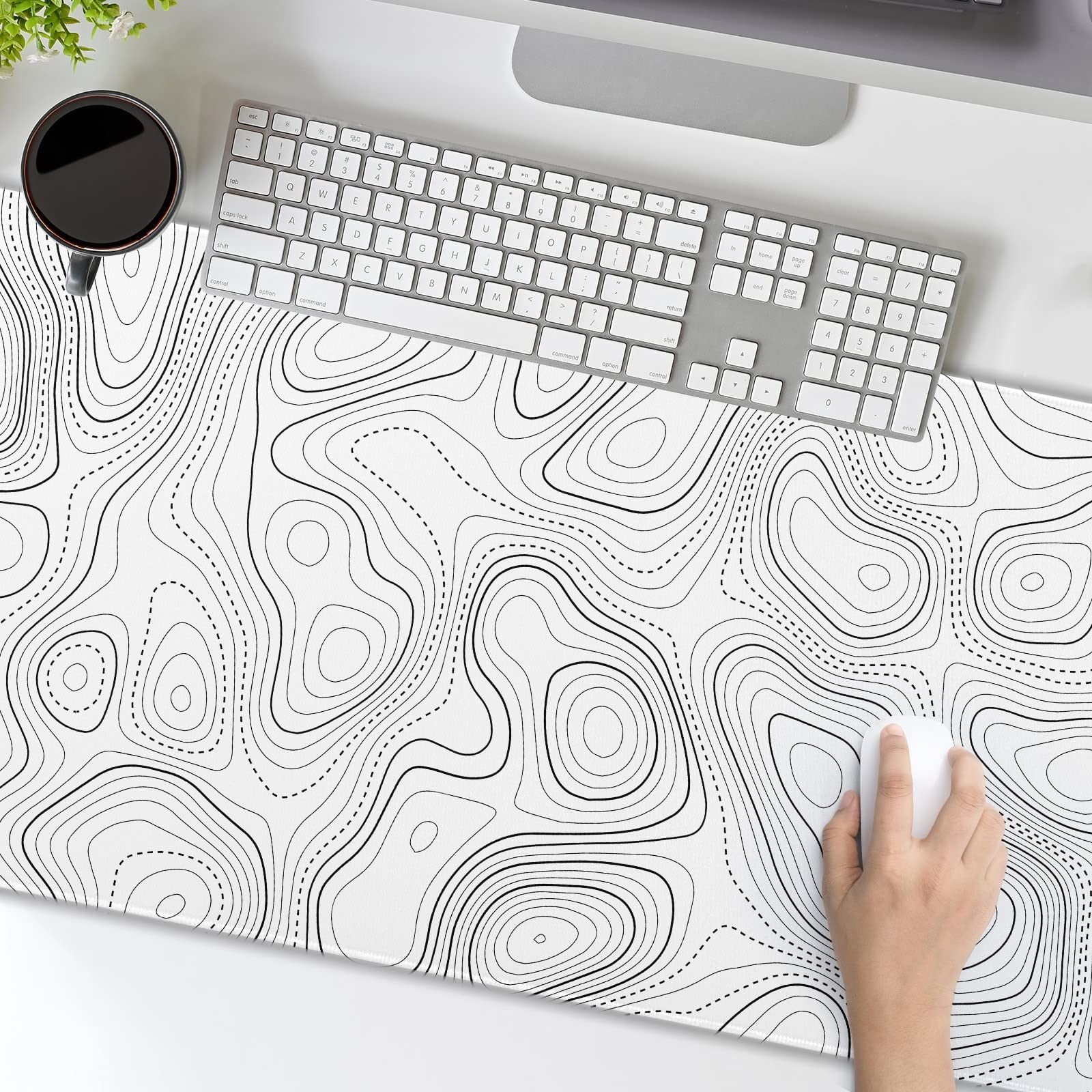 Topographic Contour White Gaming Mouse Pad XXL Geographic Map Lines Extended Big Large Desk Mat