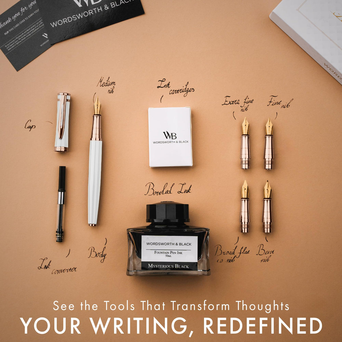 Wordsworth & Black Luxury Fountain Pen Set for Writing, 6 Nibs, White Rose
