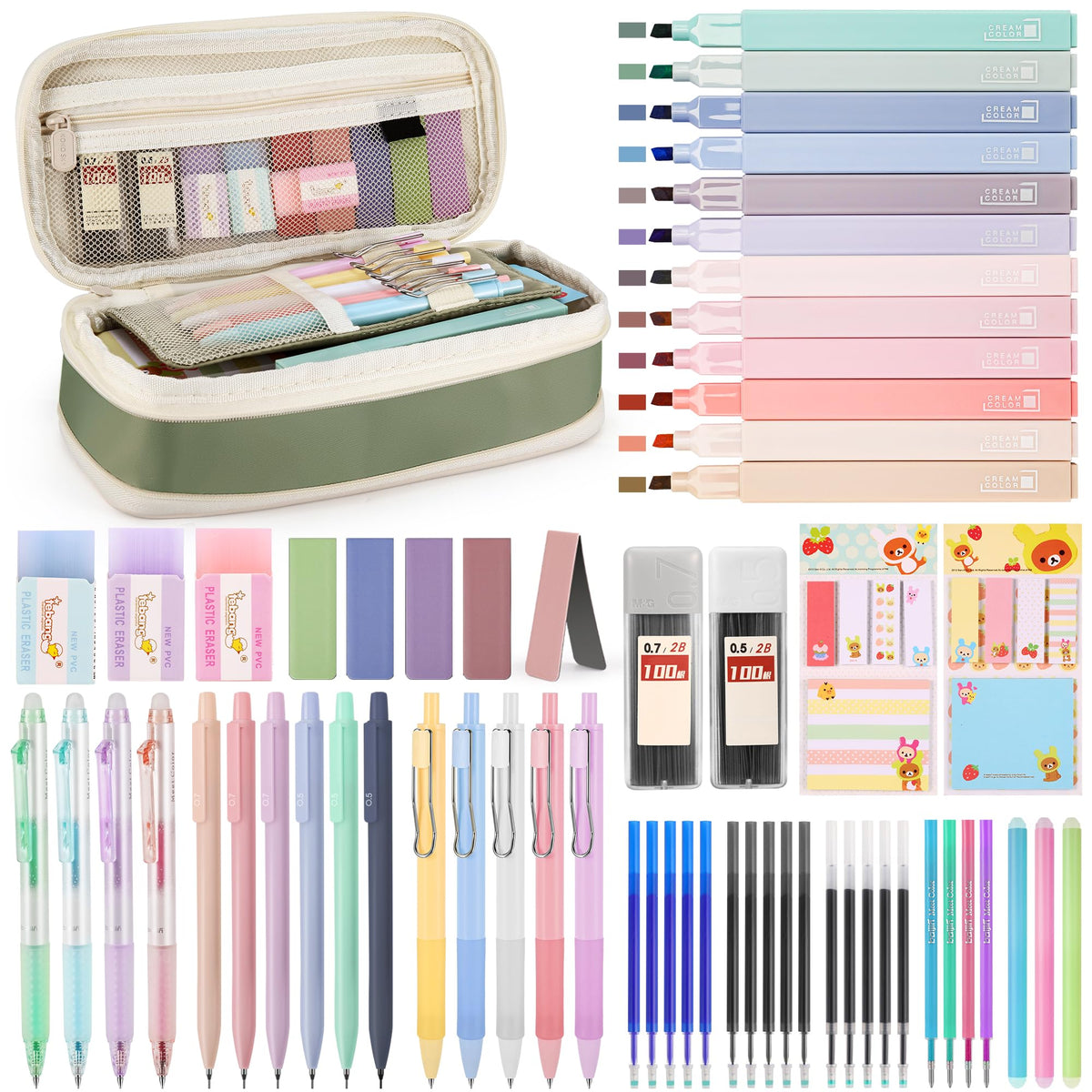 DazSpirit 62PCS Aesthetic Stationery Set with Foldable Pencil Case, Green