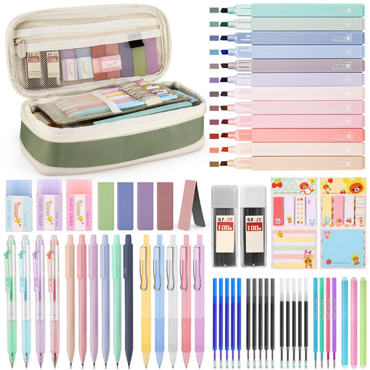 DazSpirit 62PCS Aesthetic Stationery Set with Foldable Pencil Case, Green
