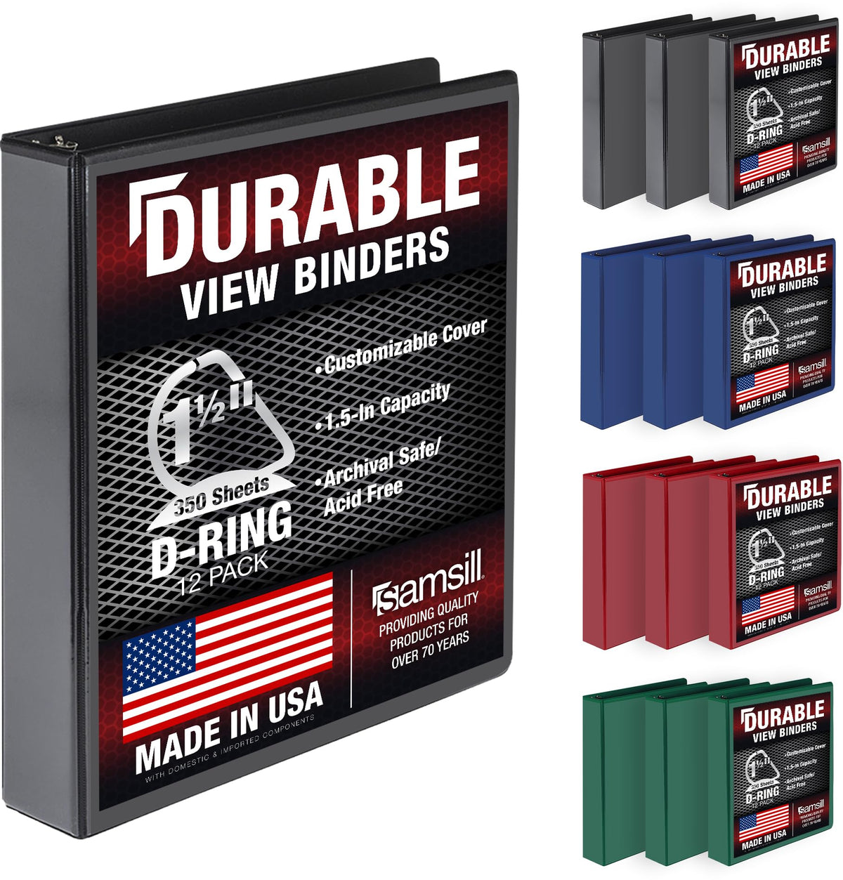 Samsill Durable 1.5 inch 3 Ring Binder, D Ring Binder, 100% Recycled Chipboard, Basic Assortment