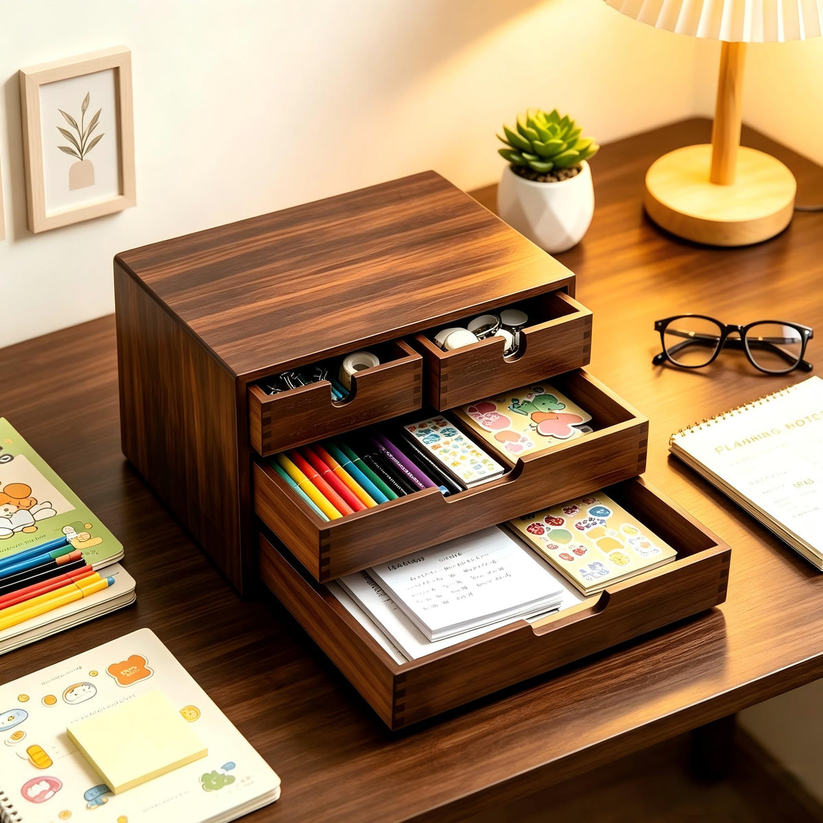 DEAYOU Bamboo Desk Organizer, 100% Natural Bamboo Desktop Drawer Organizer, Dark Brown Tabletop