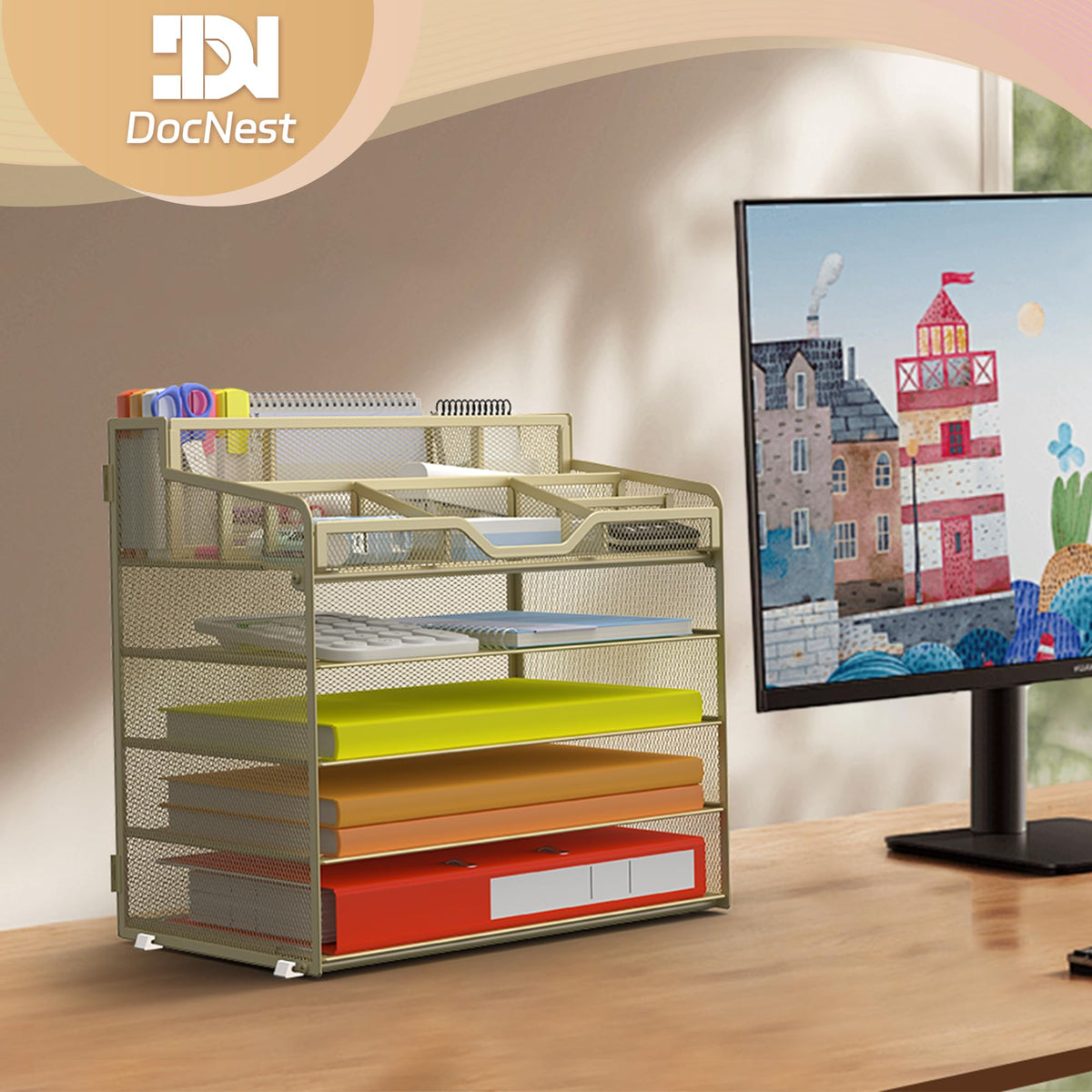 Docnest 5 Tier Mesh Desk Organizer with Letter Tray & Paper Sorter, Gold