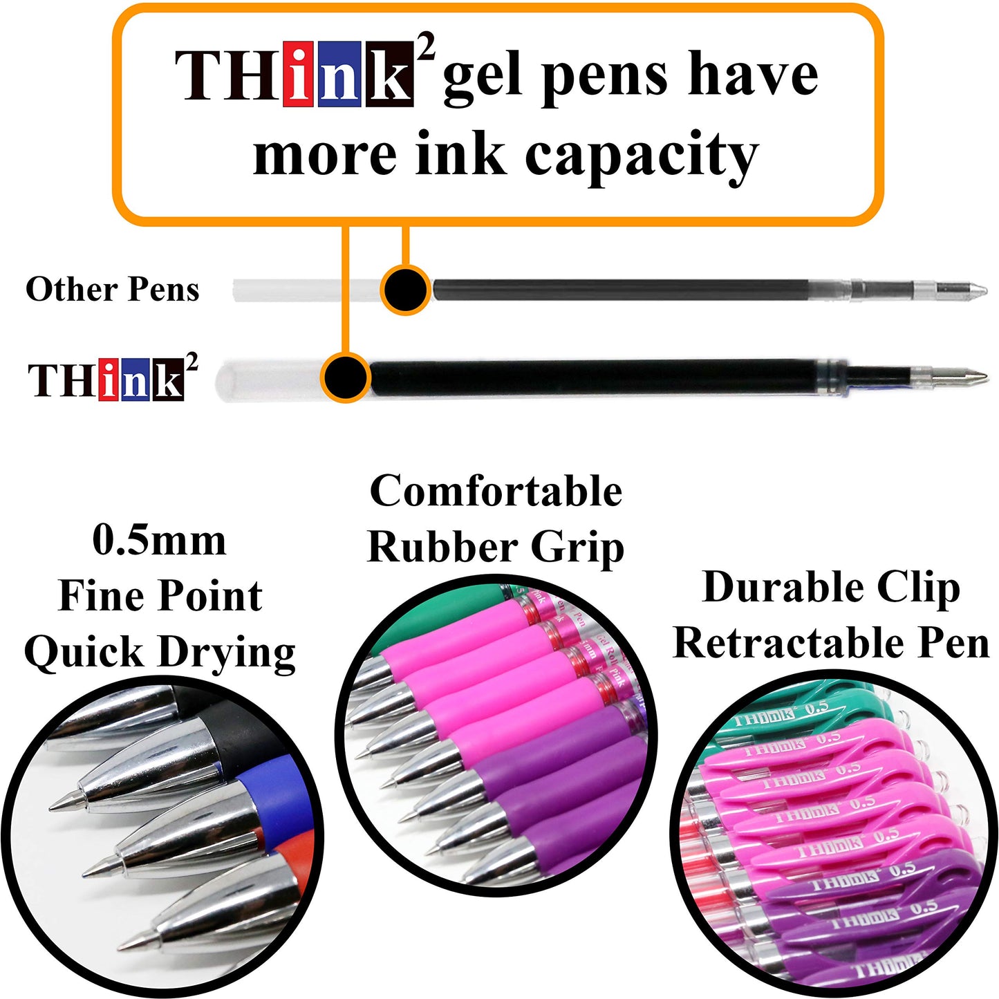 [24 Pens - 4Black, 4Blue, 4 Red, 4 Green, 4 Pink, 4Purple Ink] Think2 Retractable Gel Pens.
