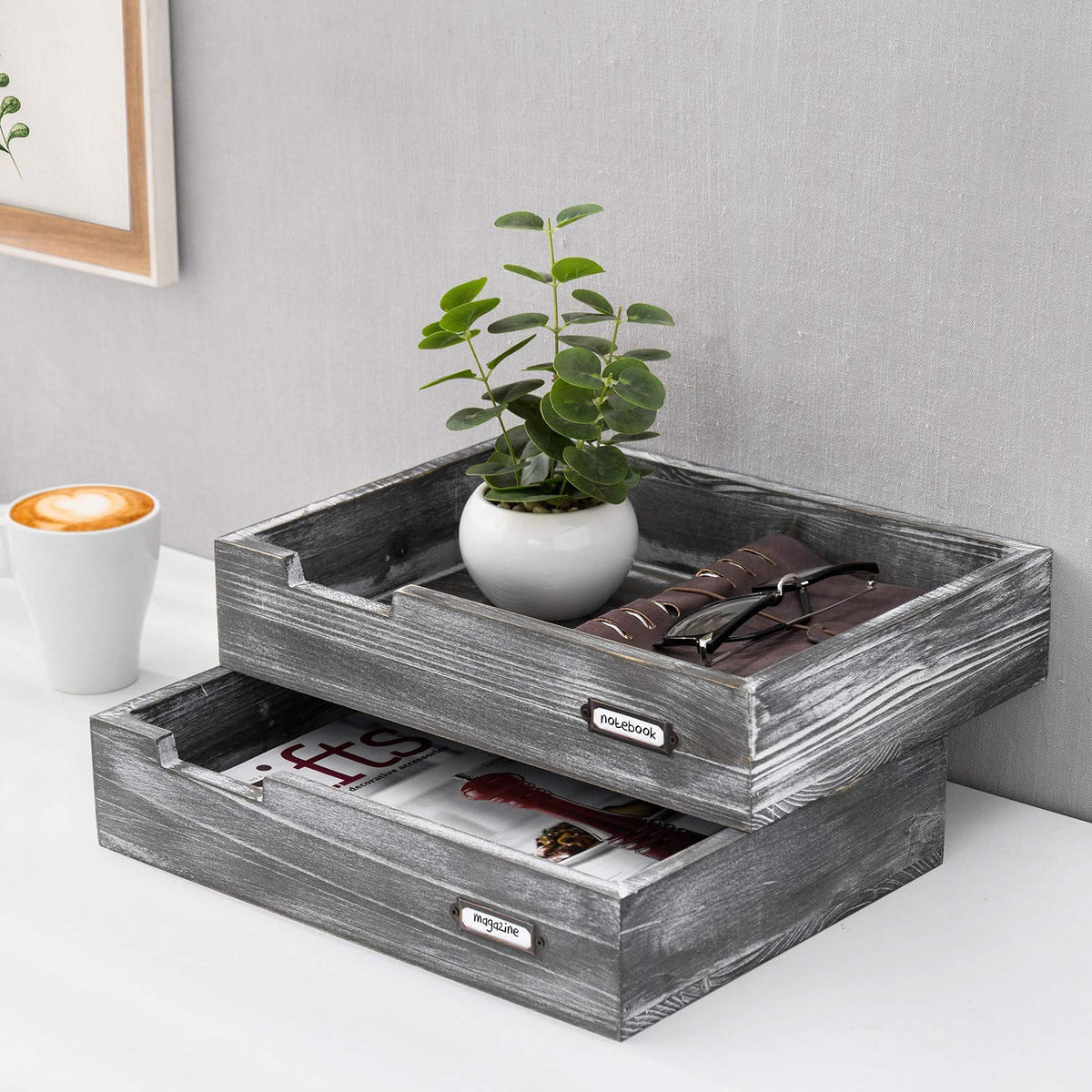 MyGift Ash Gray Wood Paper Tray Organizer, Stackable File Trays Set of 2