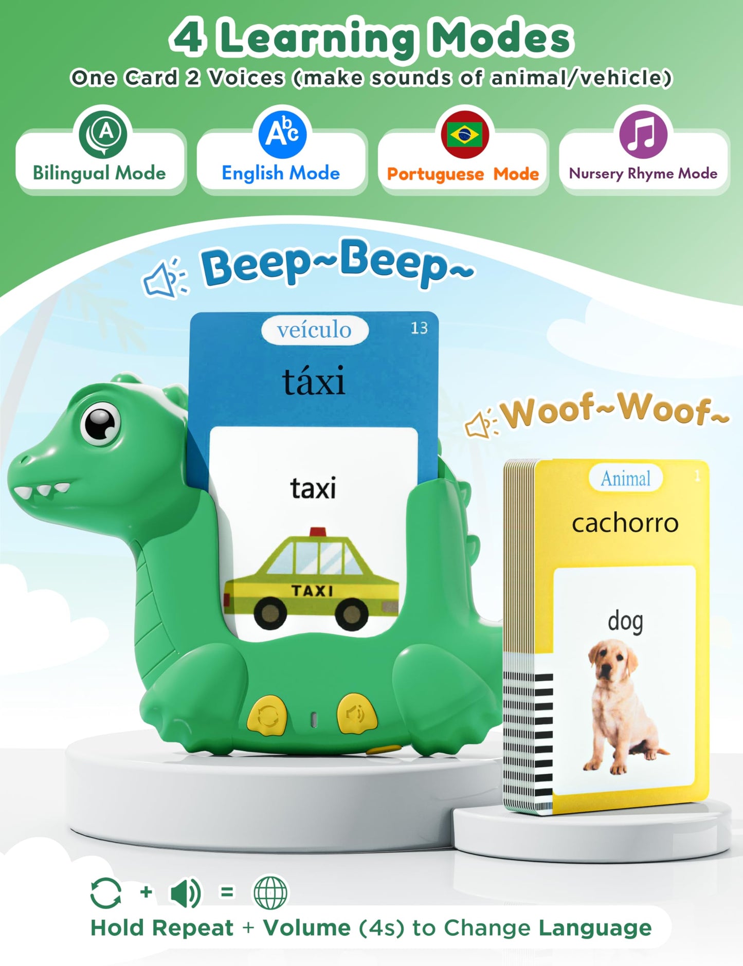 Portuguese and English Talking Flash Cards for Kids, 510 Words, Dino Shaped