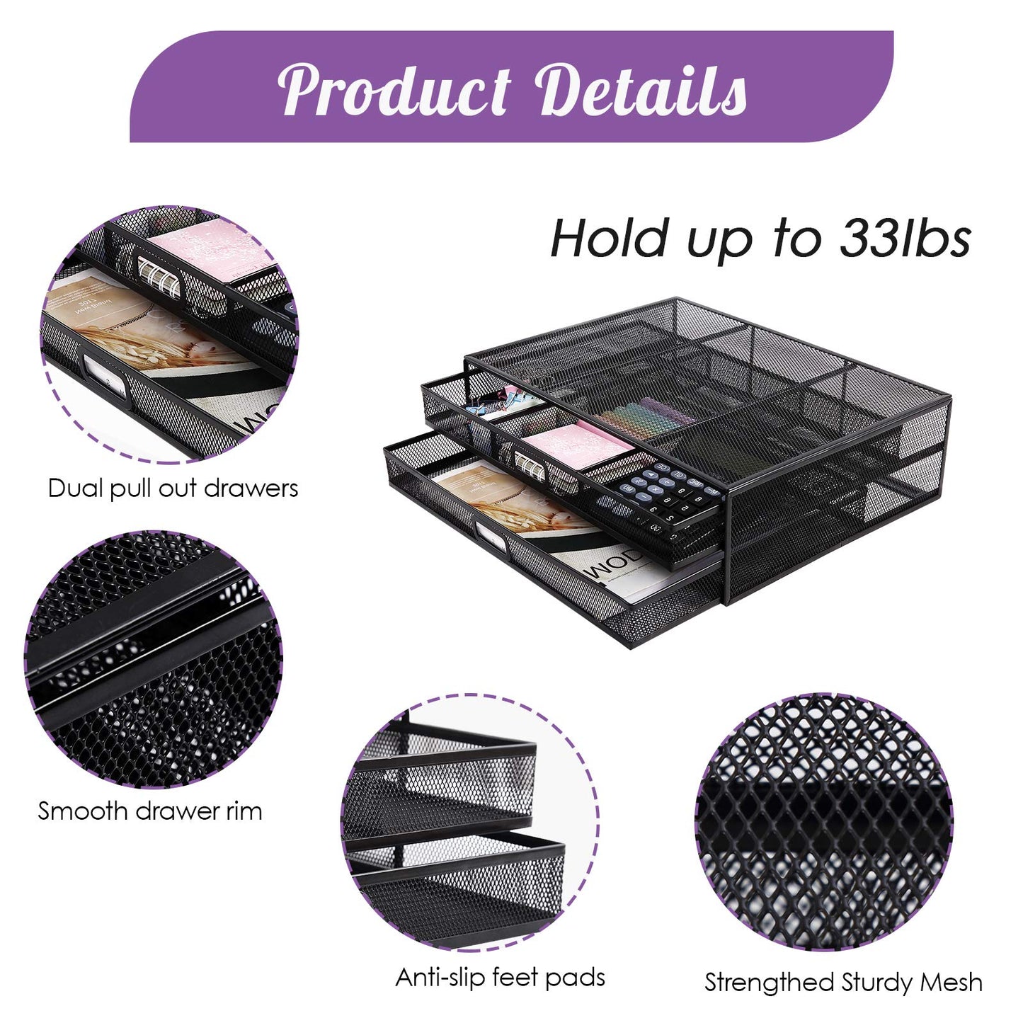 AEGISMILE Desktop Monitor Stand Riser with Drawer Metal Mesh Computer Desk Organizer with Dual Pull