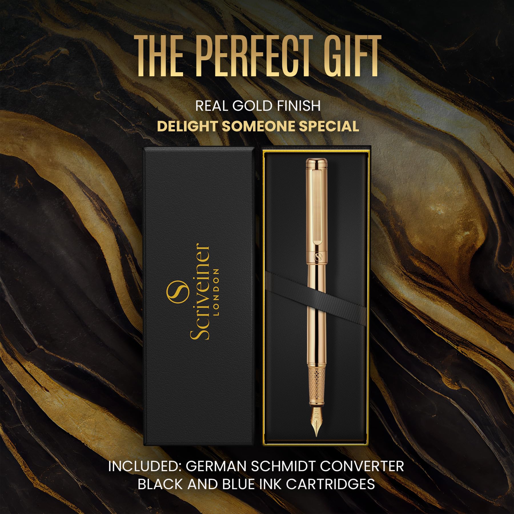 Scriveiner Luxury Fountain Pen - Stunning Luxury Pen, Real Gold Finish, Schmidt Gilded Nib (Fine)