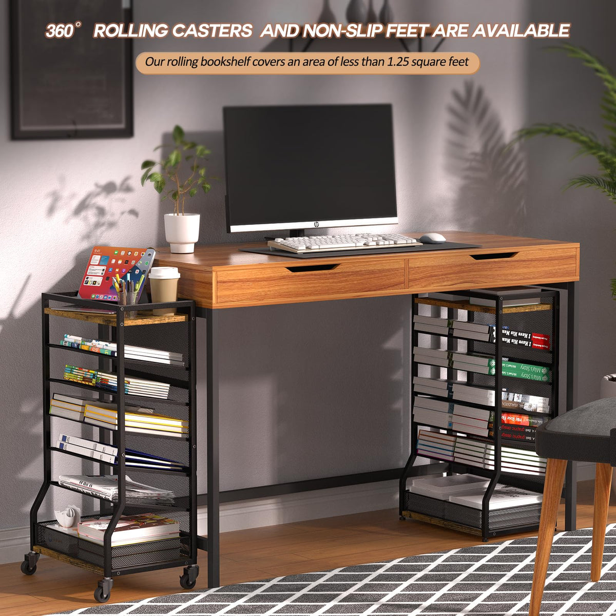 ThreeHio 7 Tier Rolling File Cart with Sliding Trays, Wood Metal File Organizer Beside Desk