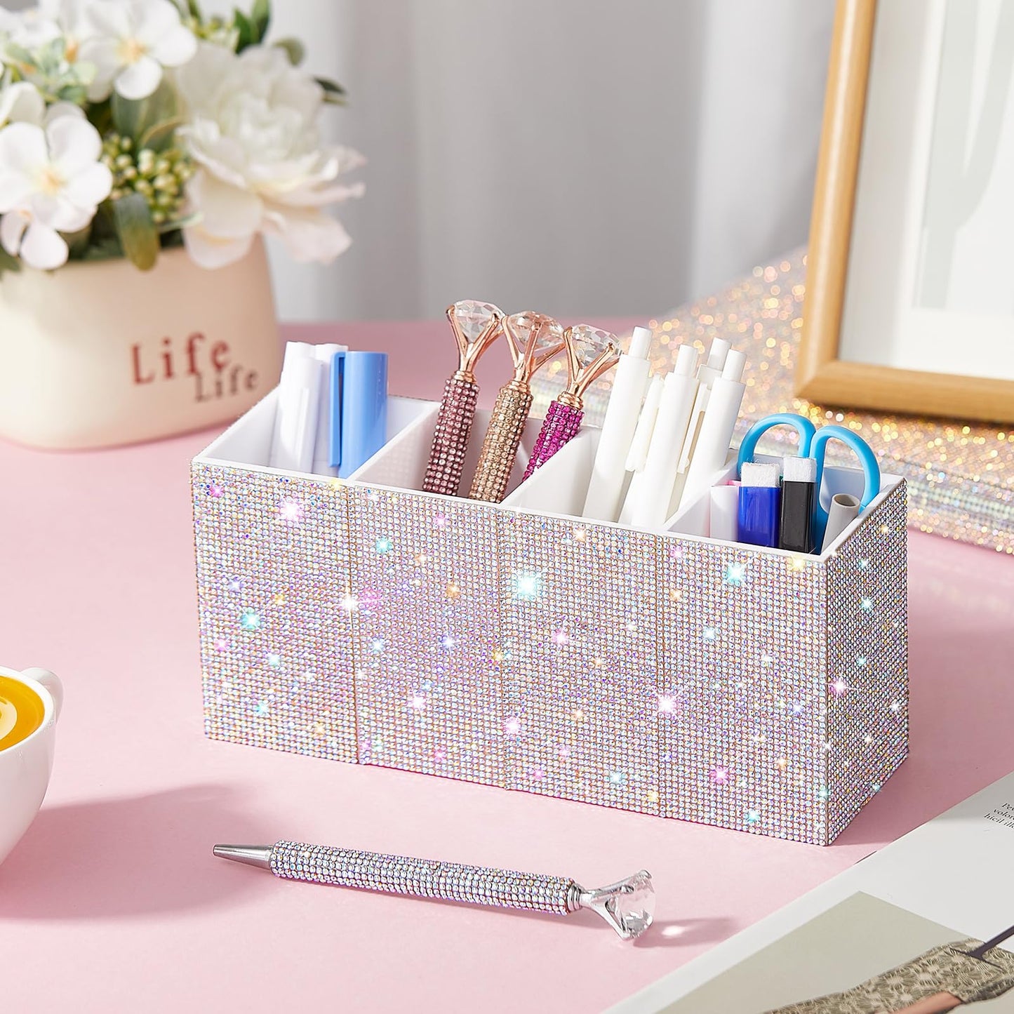 Resholder Rhinestone Desk Organizer, White Pen Makeup Brush Holder