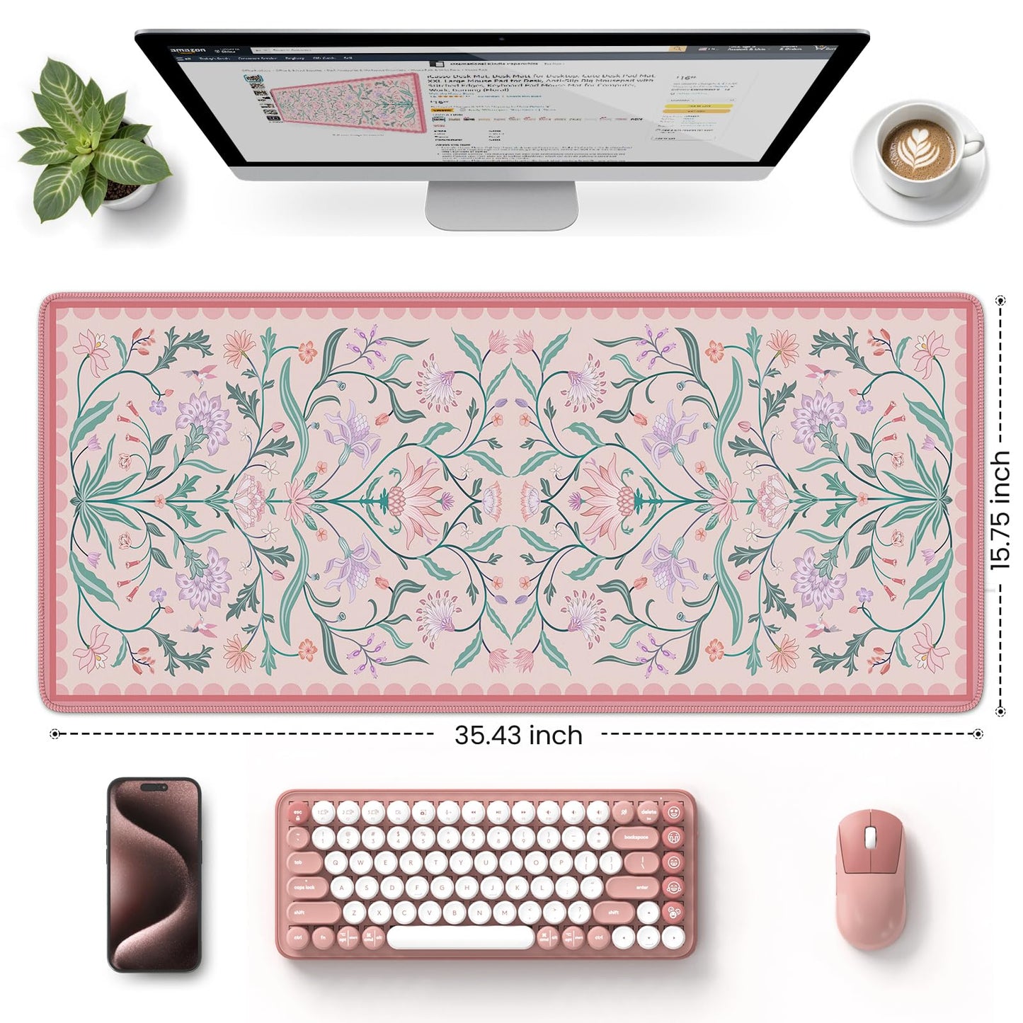 HAOCOO Aesthetic Flower Desk Mat, Pink Computer Pad for Office Dorm Decor