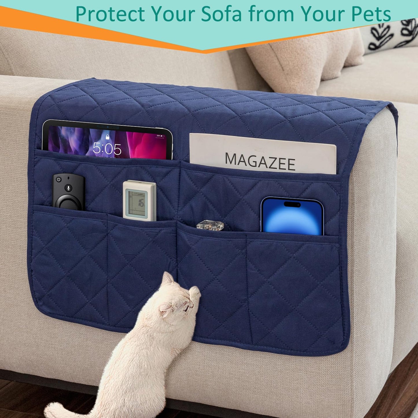 DECKALY Sofa Armrest Organizer with 6 Pockets, Non-Slip Couch Recliner Armchair Caddy, Washable
