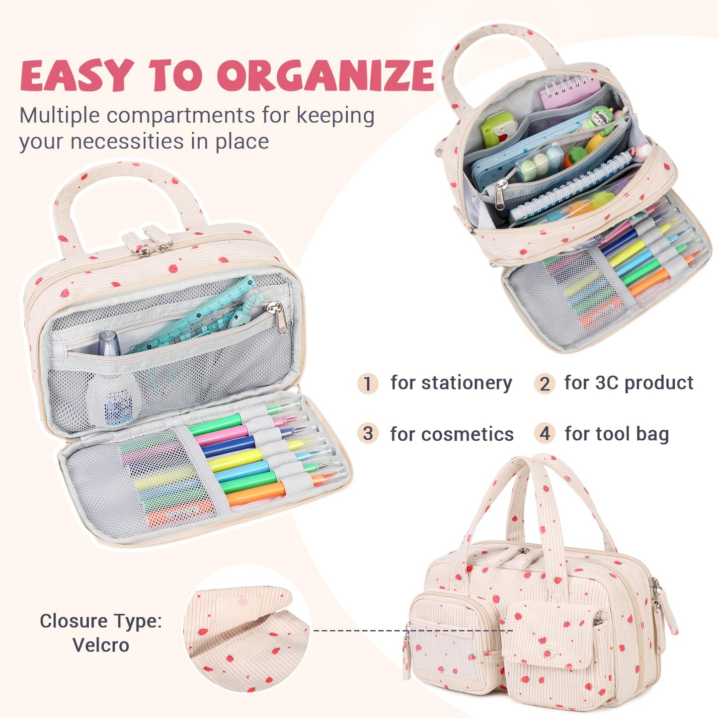 Pencil Case Corduroy Multiple Compartments Pouch Bag for Girl, Strawberry