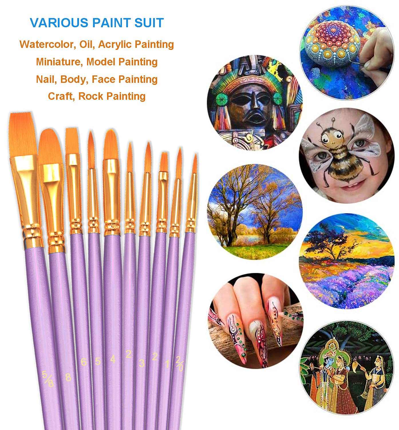 BOSOBO Paint Brushes Set, 10 Pack 100 Pcs Round Pointed Tip Paintbrushes Nylon Hair Artist Acrylic
