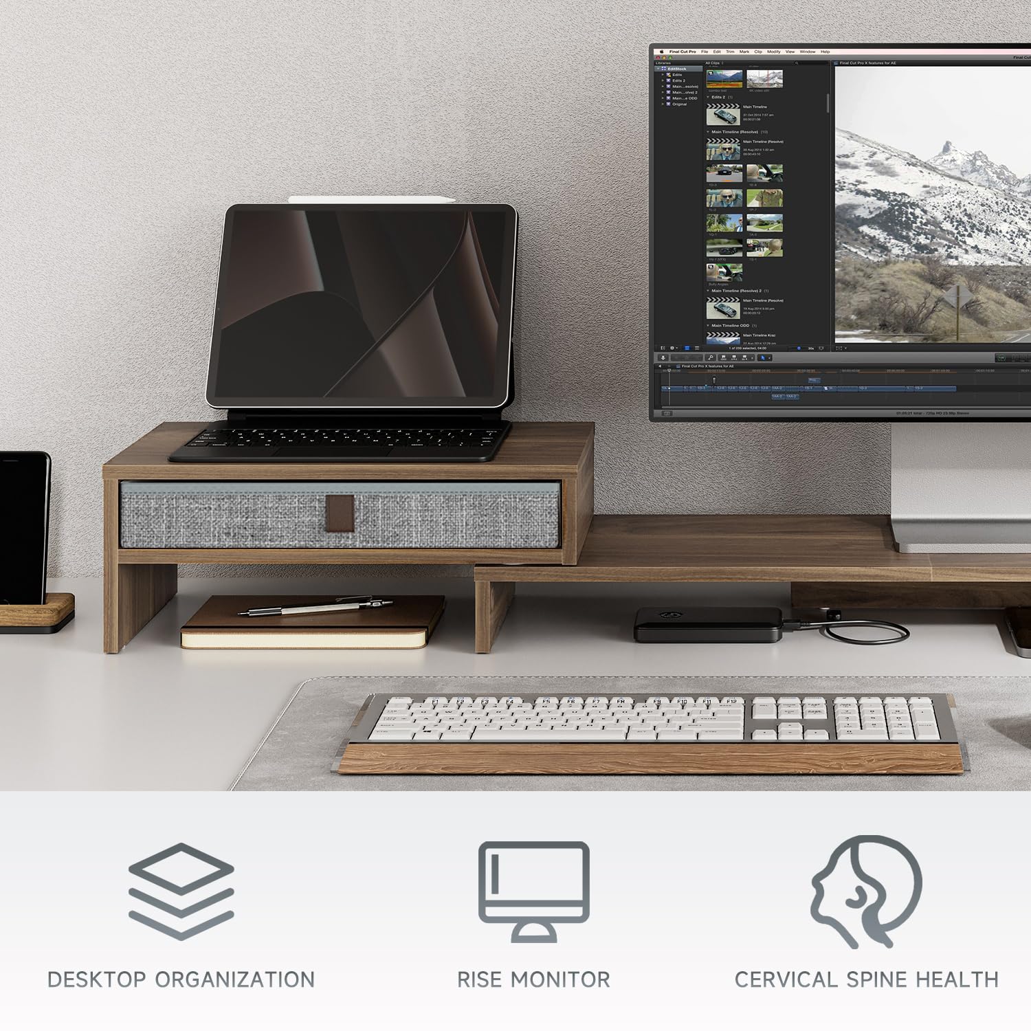 Fenge Triple Monitor Stand with Storage Drawer, Adjustable Length and Angle