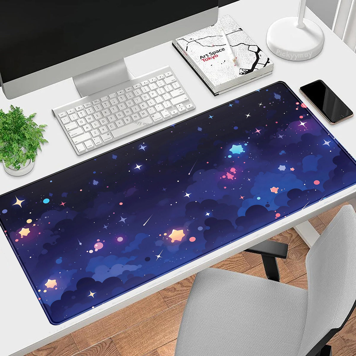 Blue Stars Desk Mat Cute Cloud Desk Pad, Aesthetic Starry Sky Mouse Mat Gaming Mousepad XXL, Extra