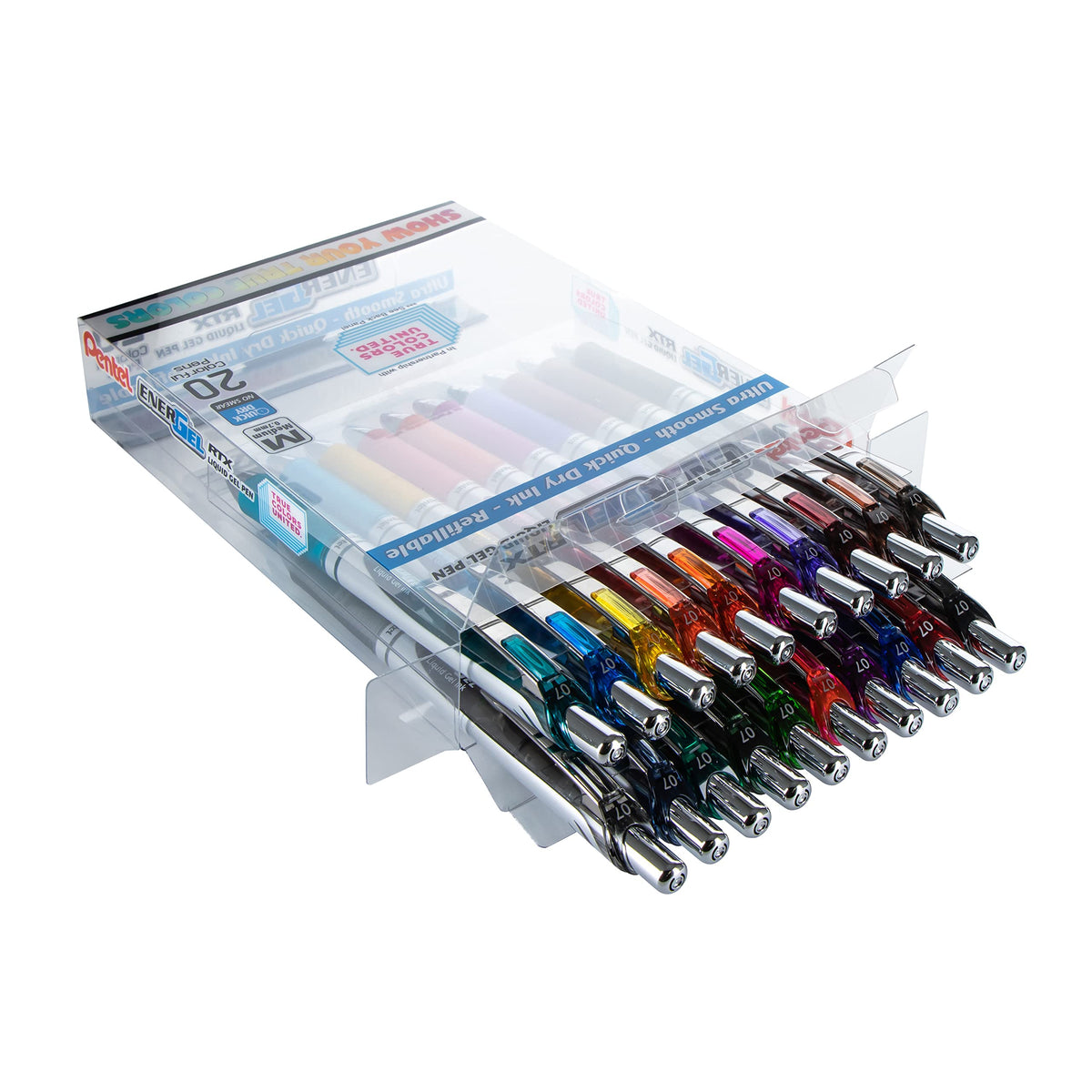 Pentel EnerGel RTX True Colors United 0.7mm Medium Line, 20 Assorted ink Colors, Pack of 20 pens