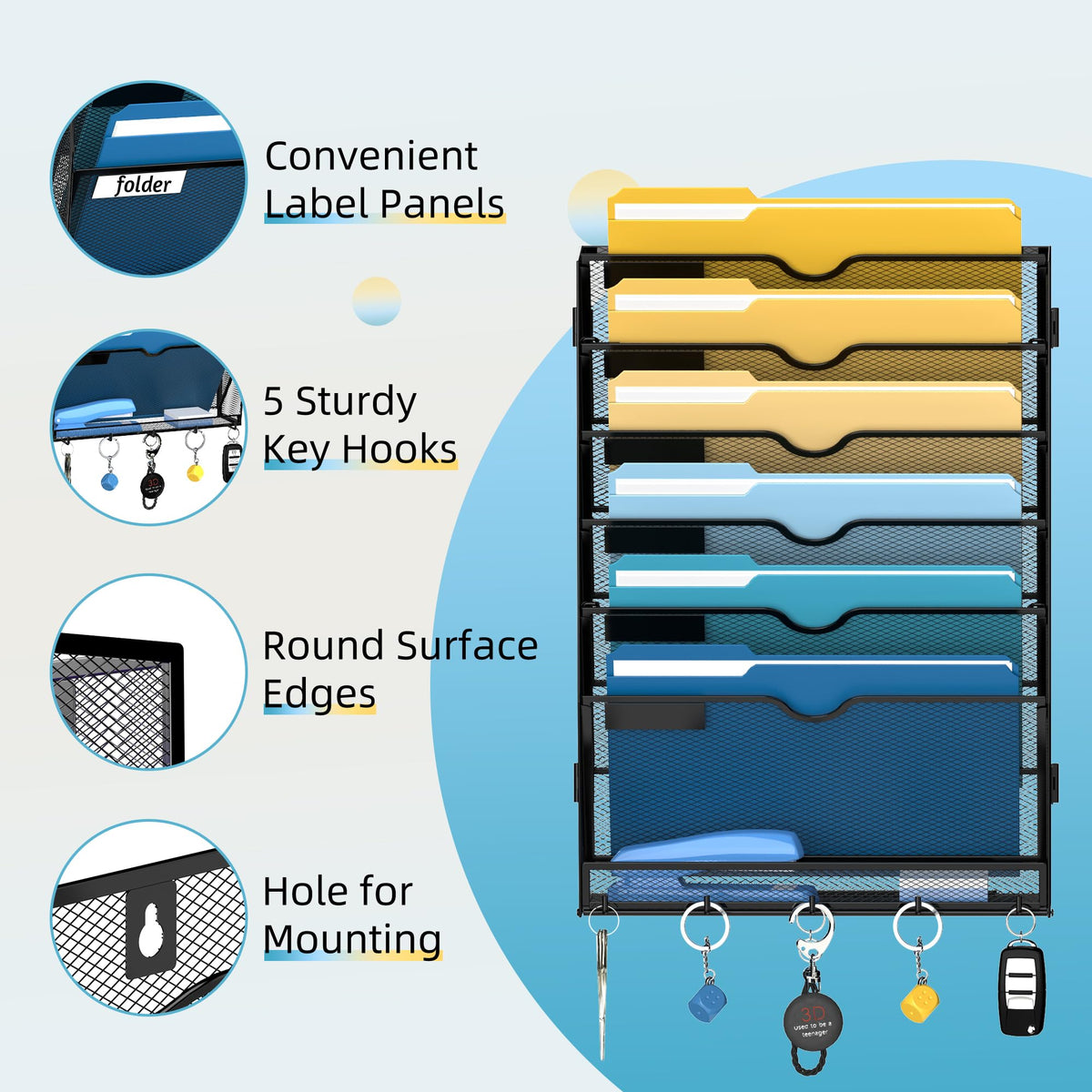 7-Tier Hanging Wall File Organizer with Hooks for Office Organization
