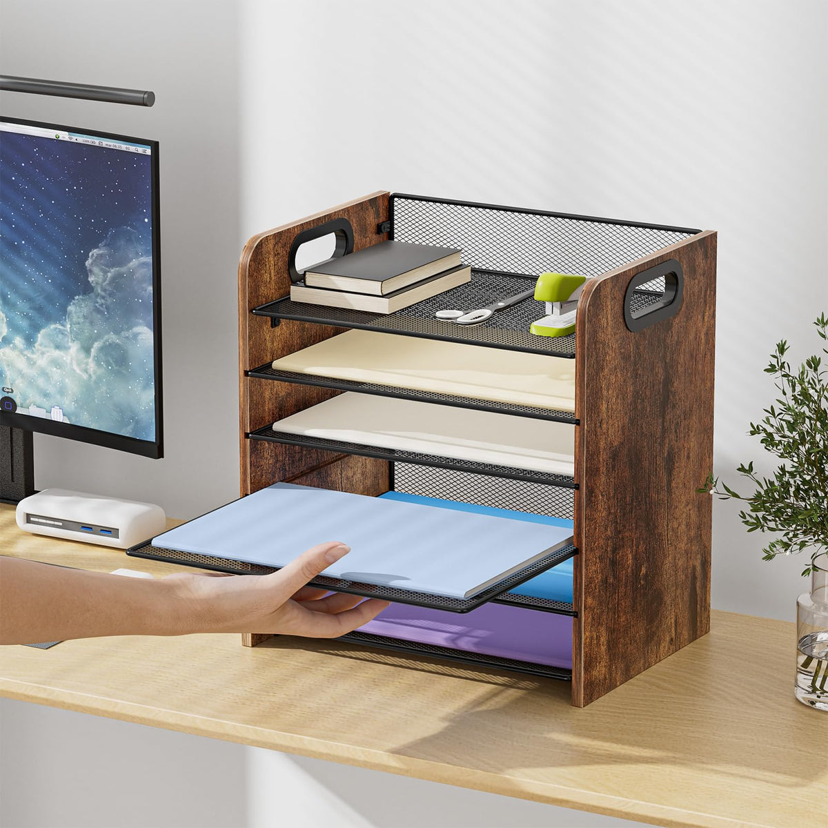 Marbrasse 6 Tier Paper Organizer Letter Tray - Wooden Desk File Organizer with Handle, Paper Sorter