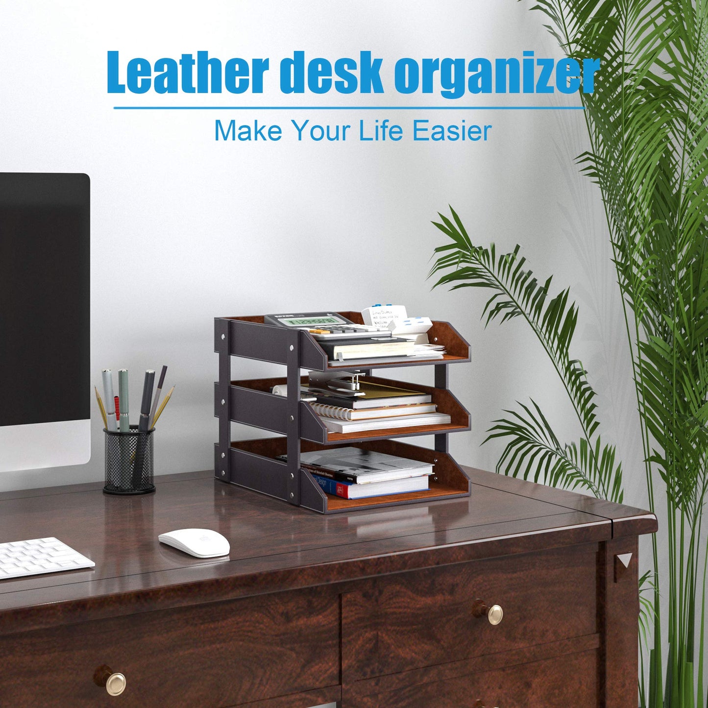 3 Tier Leather Magazine File Holder, Thipoten Paper Tray Organizer Desk Document File Organizer