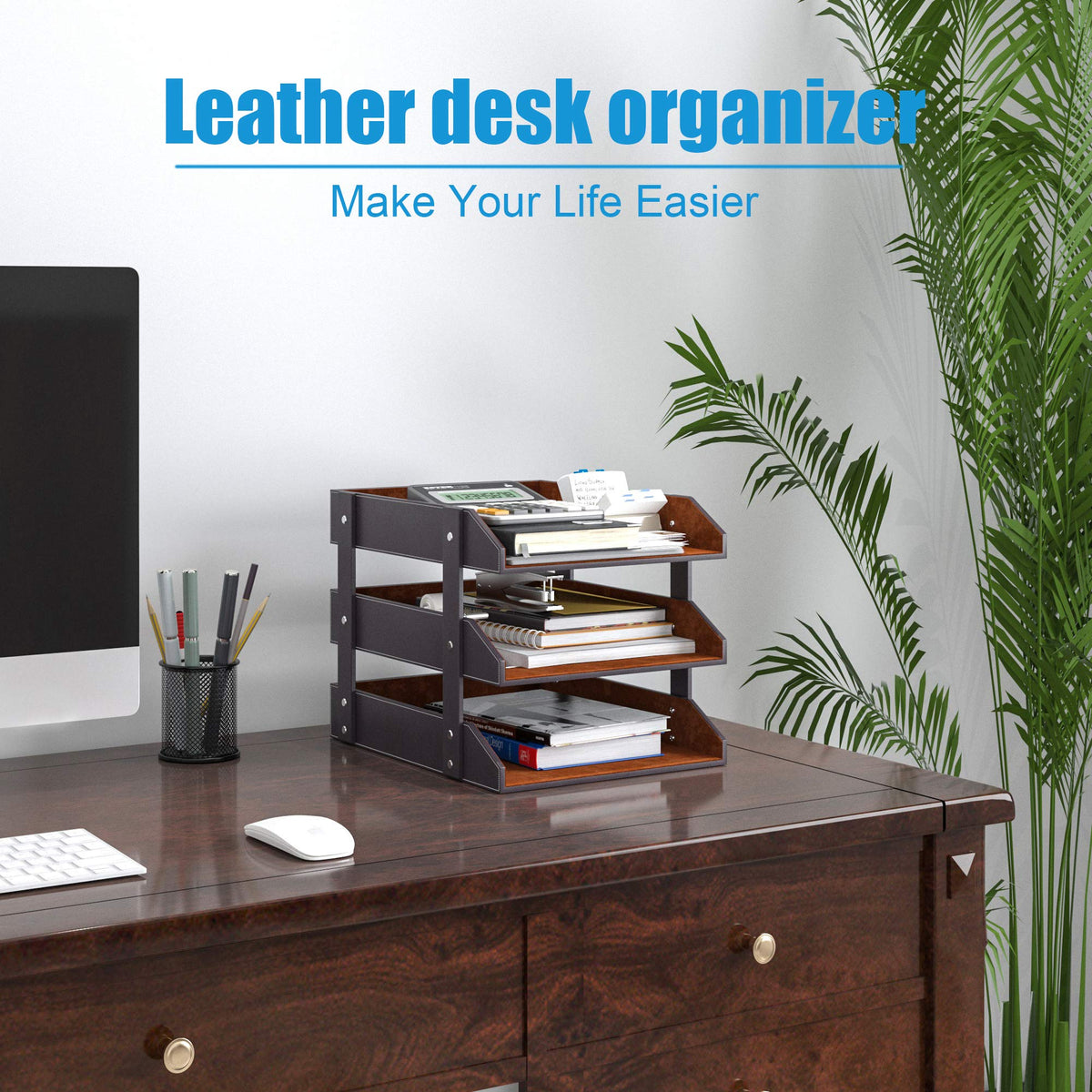 3 Tier Leather Magazine File Holder, Thipoten Paper Tray Organizer Desk Document File Organizer