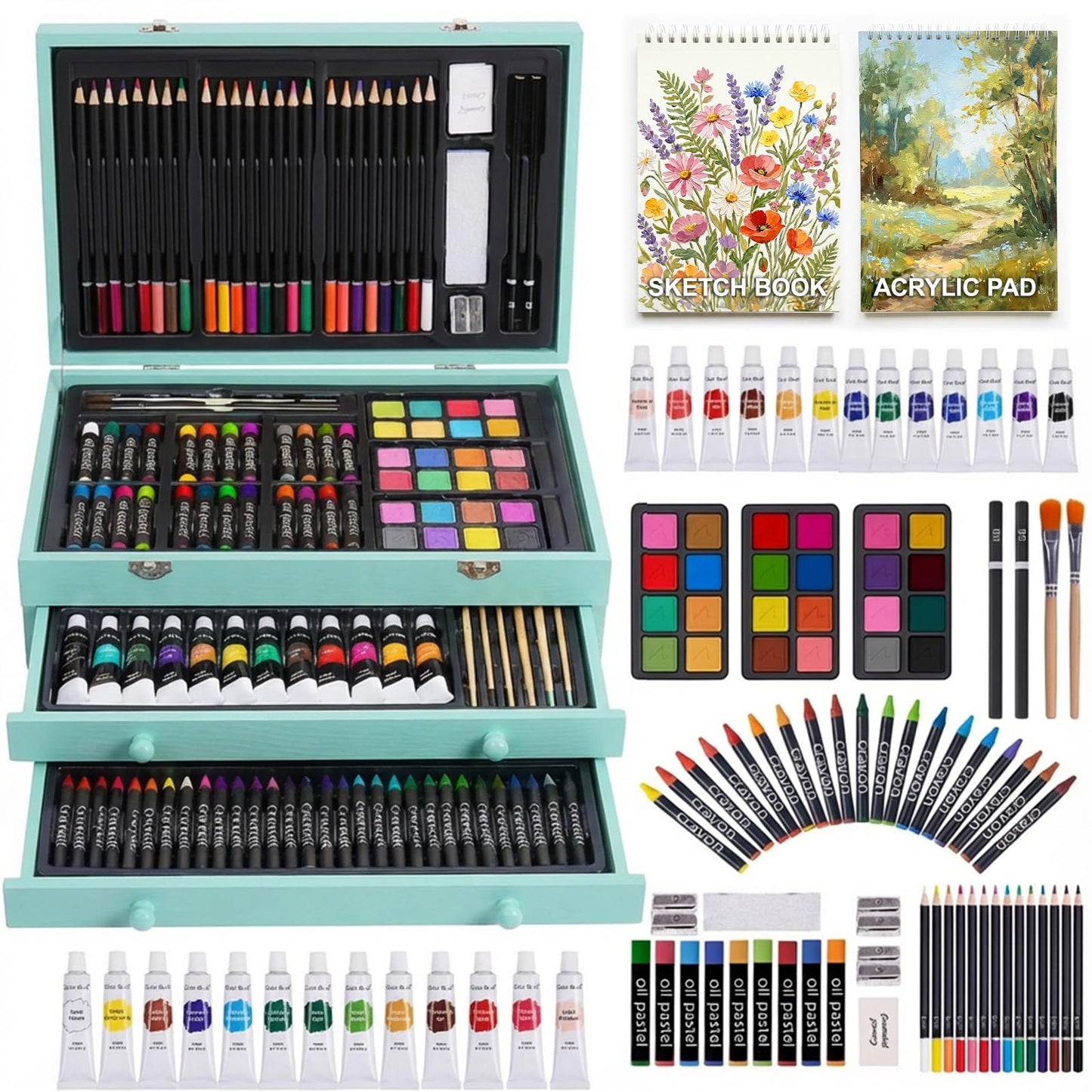 175-Pack Deluxe Wooden Art Set Drawing Painting Kit with 2 Drawing Pads, Acrylic Paints, Colored