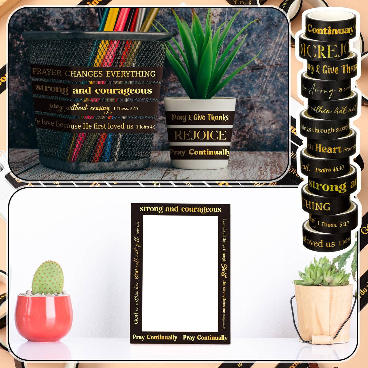 Janlaugh 24 Rolls Christian Washi Tape Gifts, Gold Foil Black Religious