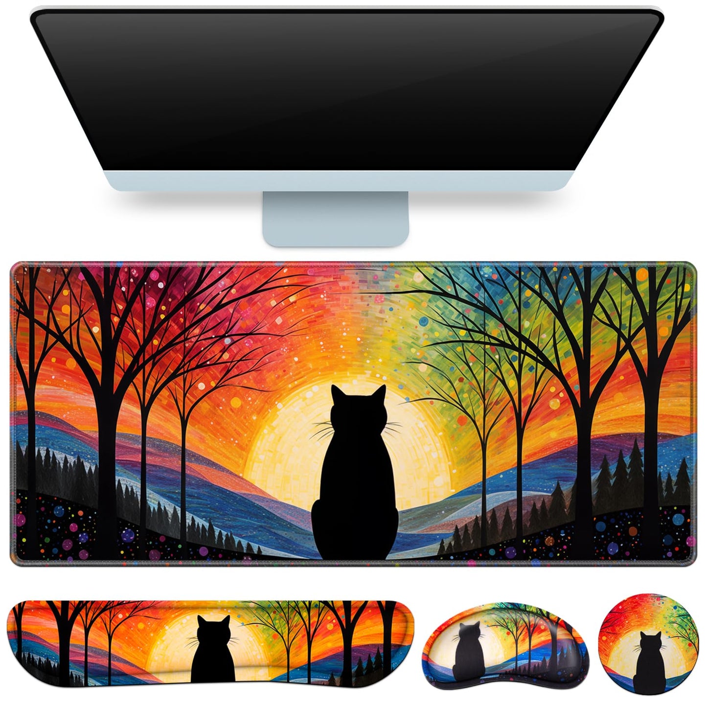 Mouse Pad with Wrist Rest Black Cat, 4-in-1 Large Mousepad Keyboard