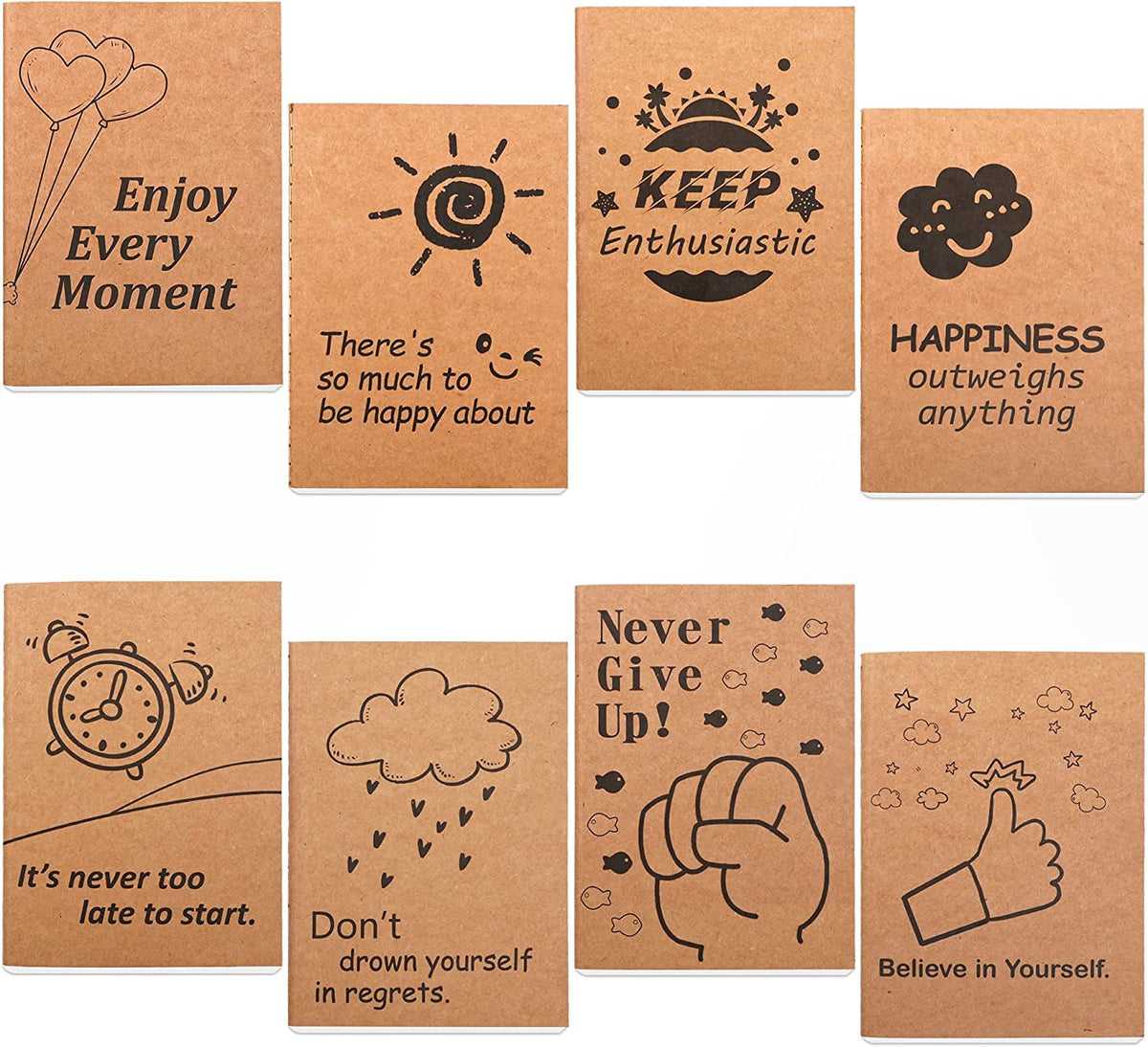 feela 8 Pack Cute Kraft Notebooks, 8 Designs Mini Pocket A6 Notebook Journal Notepad, Lined Small