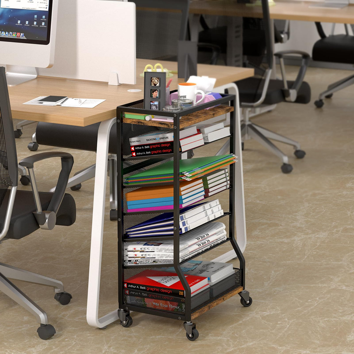 ThreeHio 7 Tier Rolling File Cart with Sliding Trays, Wood Metal File Organizer Beside Desk