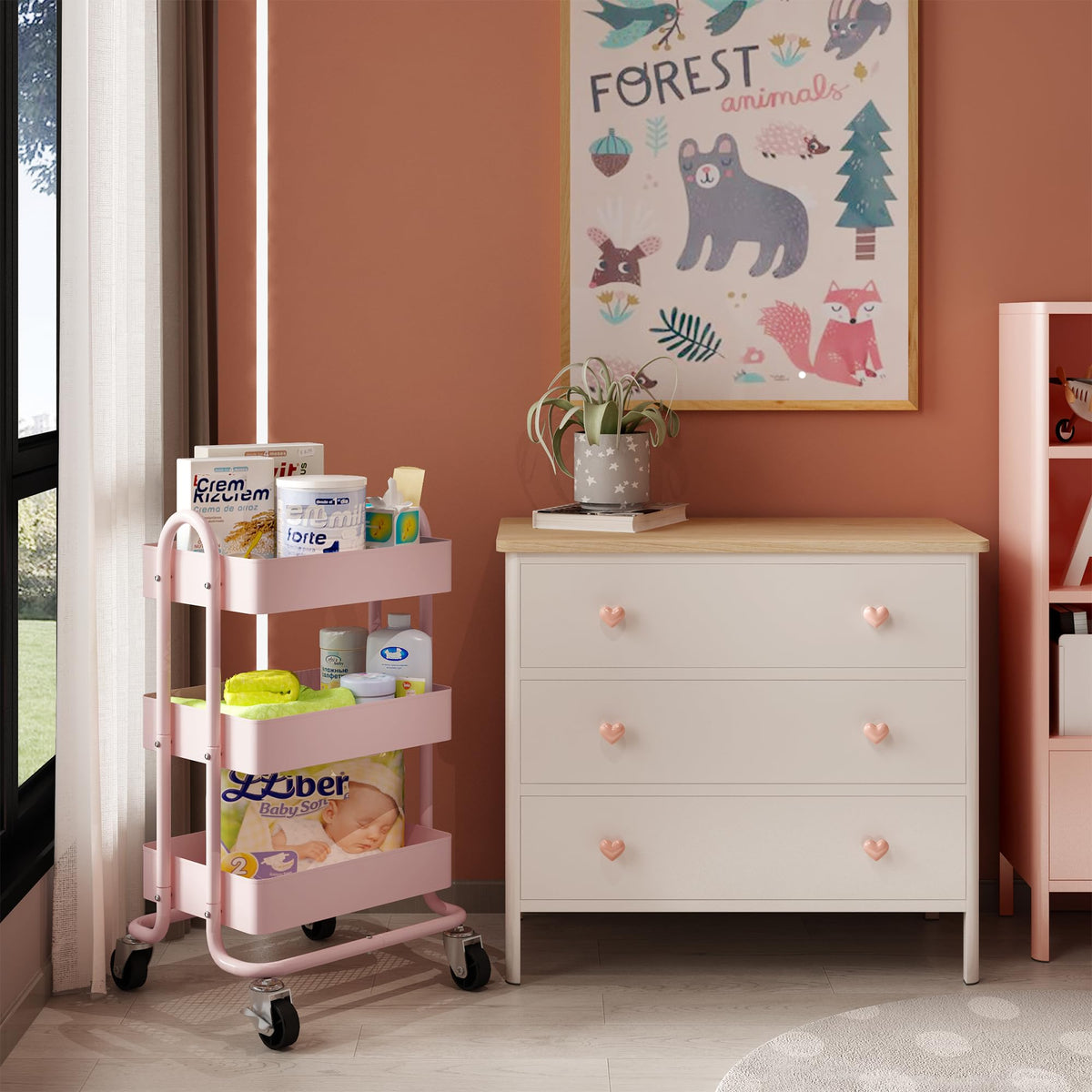 Elitehouse Metal Rolling Cart,3-Tier Pink Rolling Cart with Wheels,Metal Utility Cart with Wheels